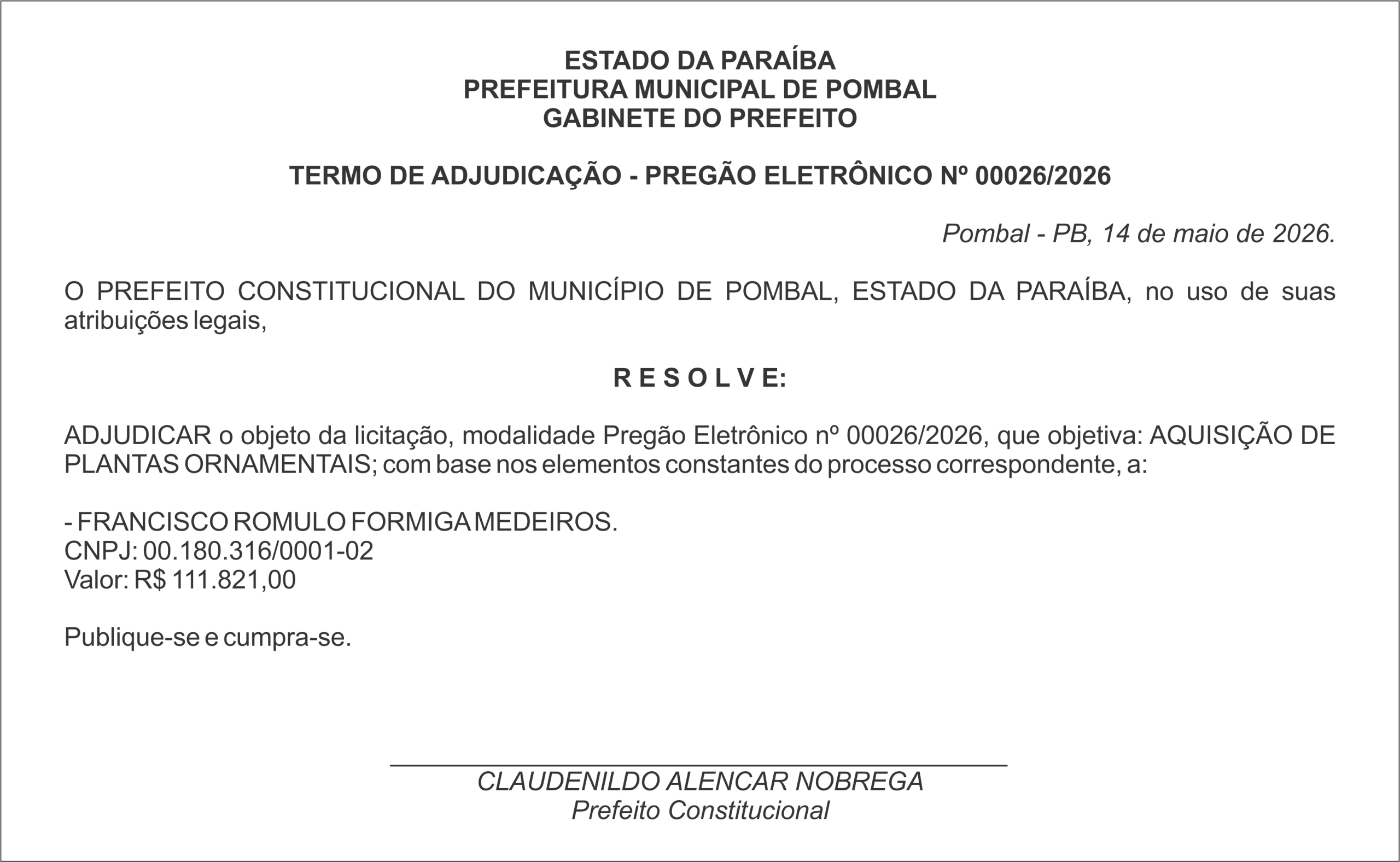 PREFEITURA MUNICIPAL DE POMBAL – TERMO DE ADJUDICAÇÃO – PREGÃO ELETRÔNICO Nº 00026/2026