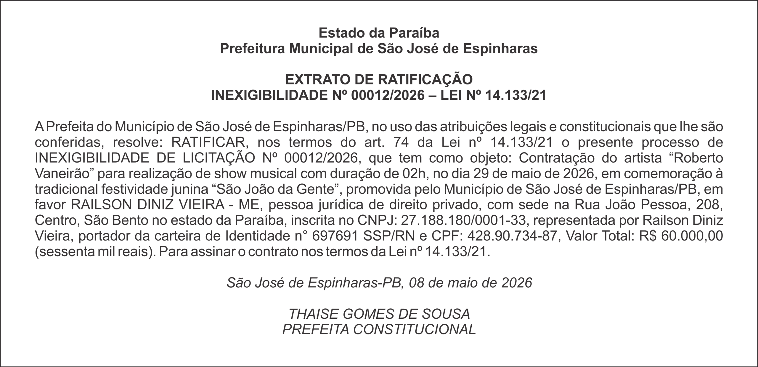 PREFEITURA DE SÃO JOSÉ DE ESPINHARAS – EXTRATO DE RATIFICAÇÃO INEXIGIBILIDADE Nº 00012/2026