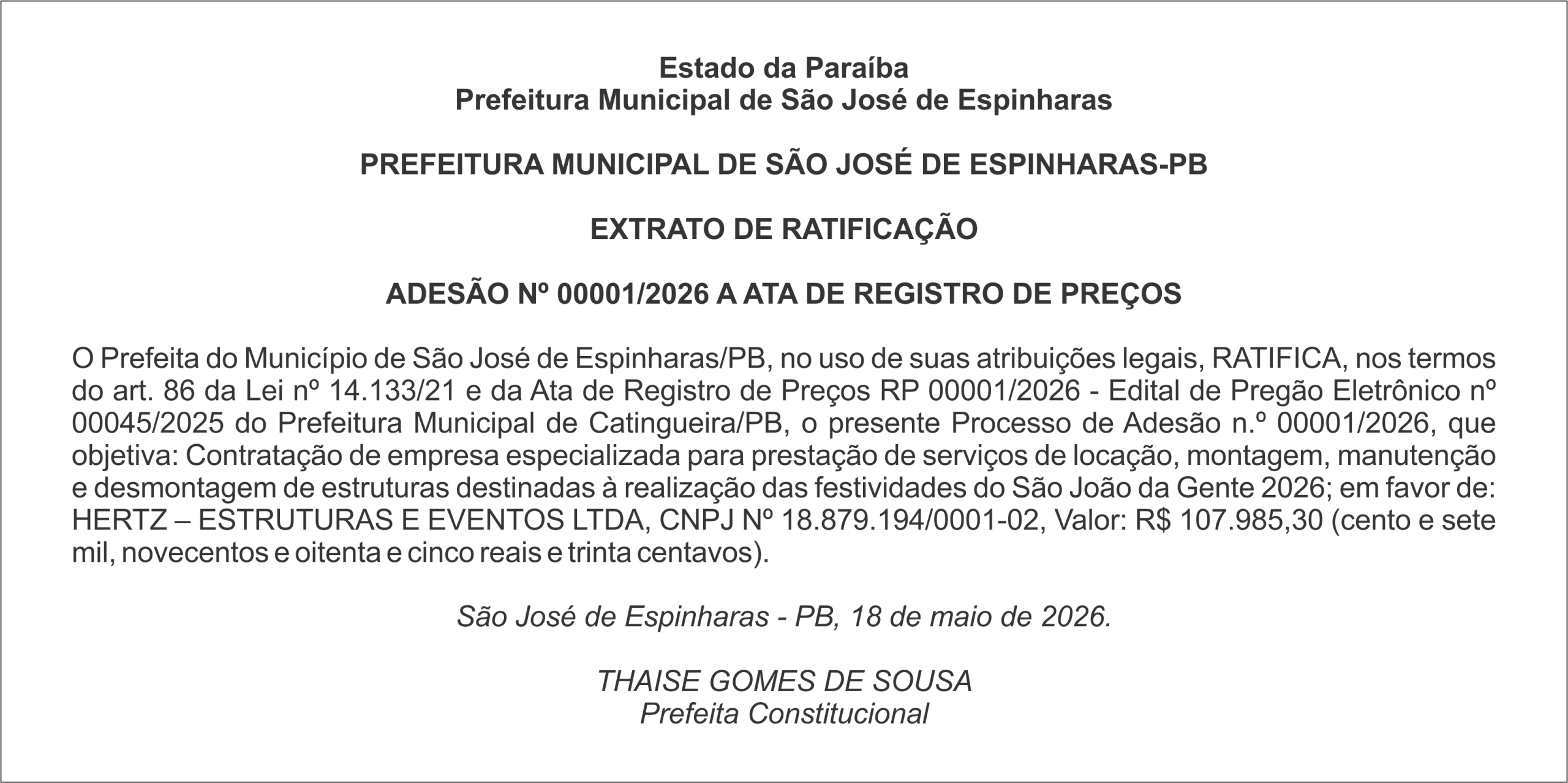 PREFEITURA MUNICIPAL DE SÃO JOSÉ DE ESPINHARAS-PB – EXTRATO DE RATIFICAÇÃO