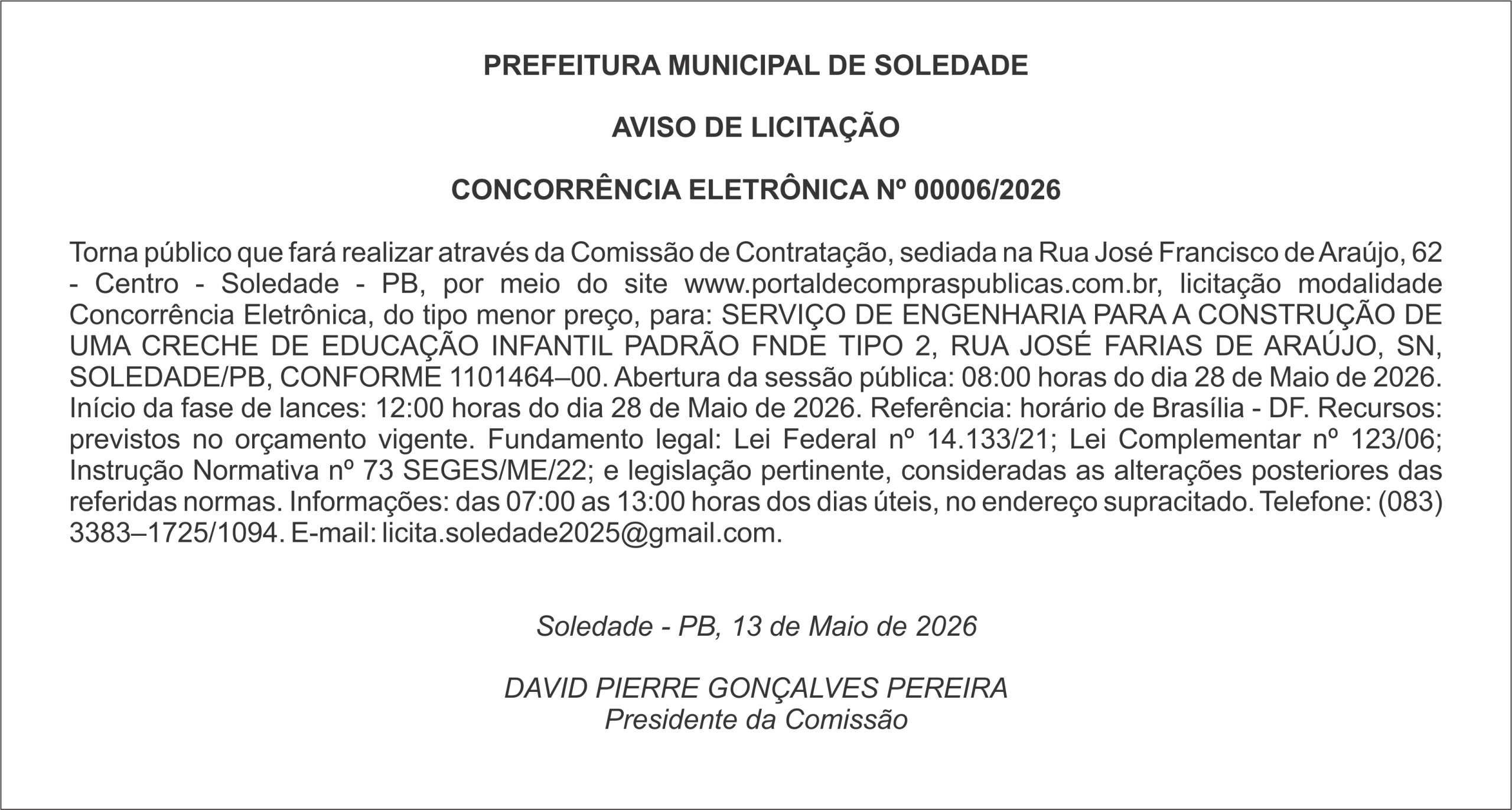 PREFEITURA DE SOLEDADE – AVISO DE LICITAÇÃO – CONCORRÊNCIA ELETRÔNICA Nº 00006/2026