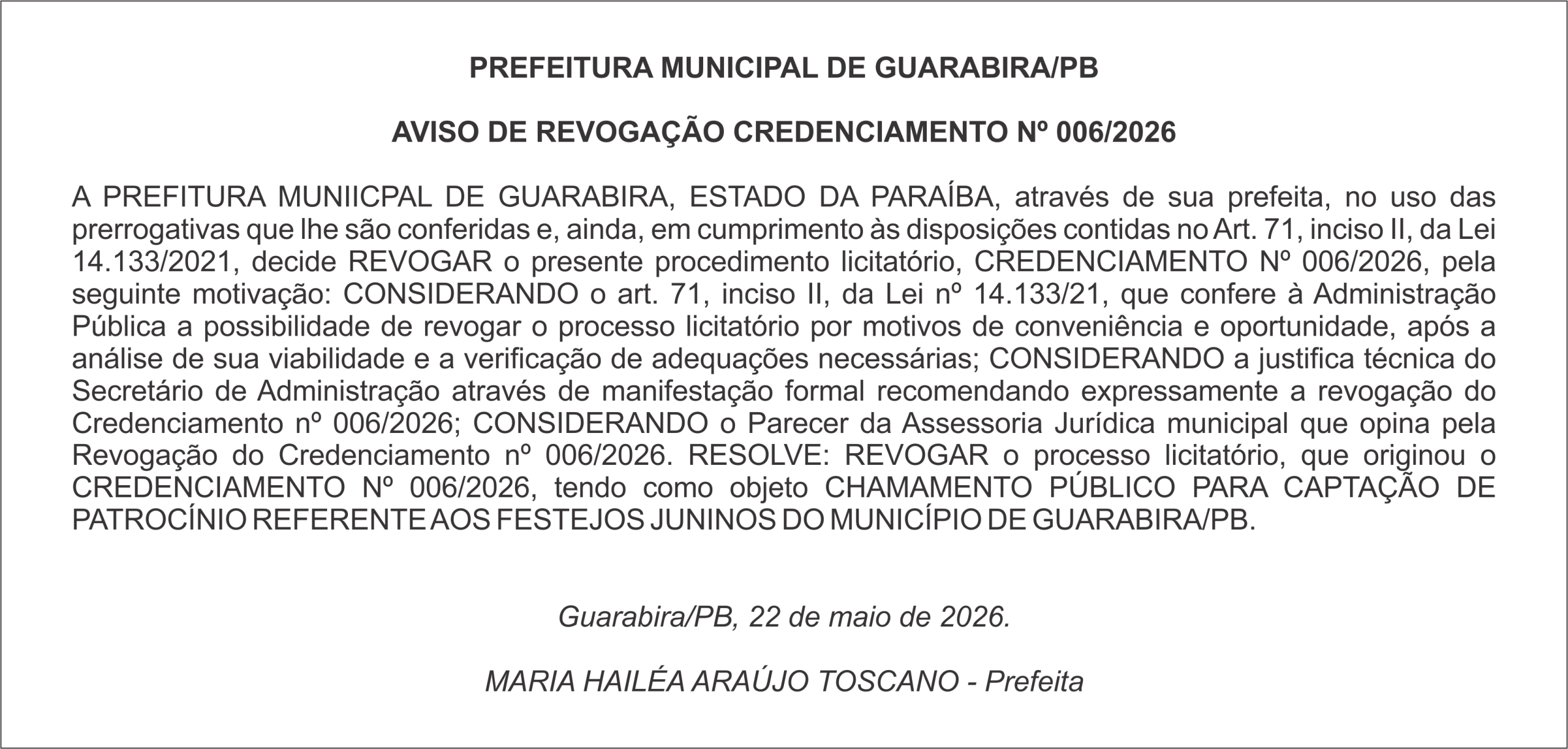 PREFEITURA MUNICIPAL DE GUARABIRA/PB – AVISO DE REVOGAÇÃO CREDENCIAMENTO Nº 006/2026
