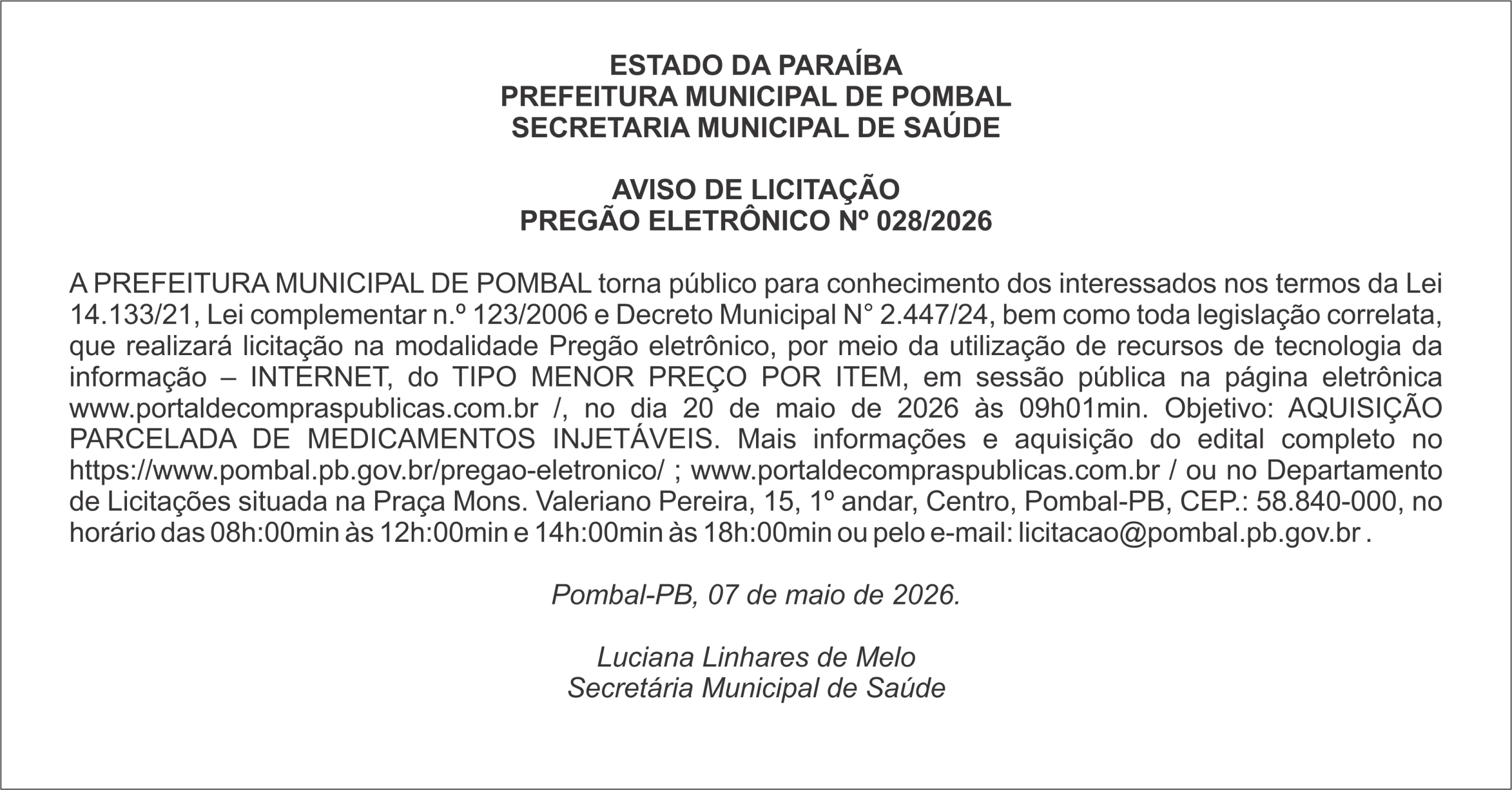 PREFEITURA MUNICIPAL DE POMBAL – AVISO DE LICITAÇÃO – PREGÃO ELETRÔNICO Nº 028/2026