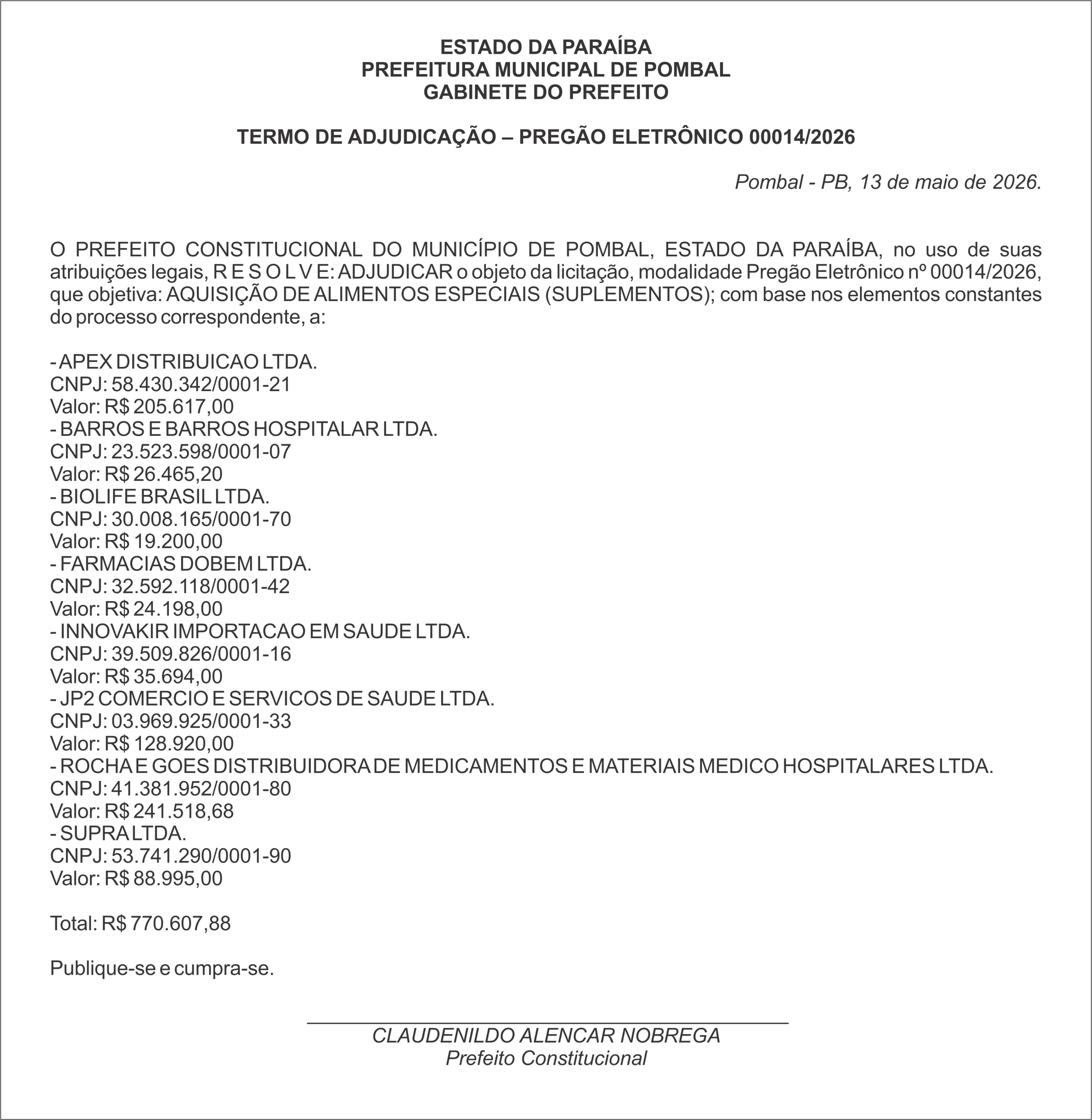 PREFEITURA MUNICIPAL DE POMBAL – TERMO DE ADJUDICAÇÃO – PREGÃO ELETRÔNICO 00014/2026