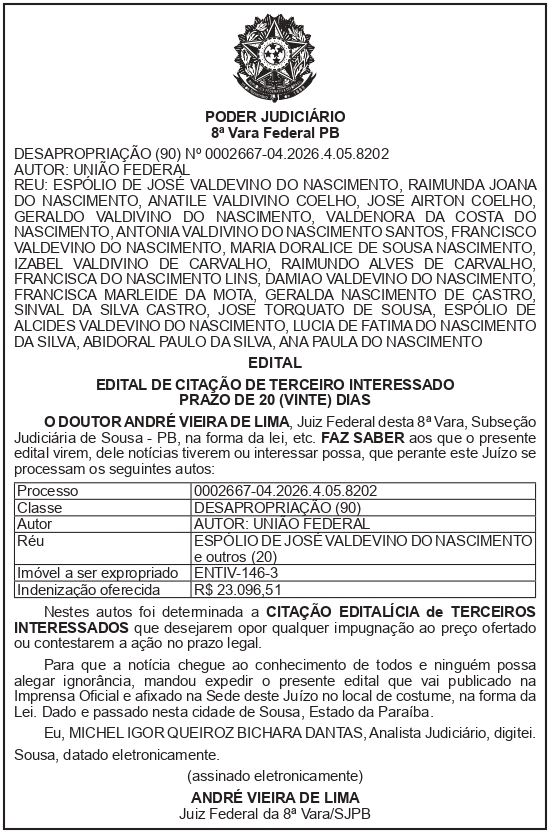SECRETARIA NACIONAL DE SEGURANÇA HIDRICA – SNSH – MDR – DF – BRASÍLIA – Edital de Citação de Terceiro Interessado – ENTIV-146-3 (ESPÓLIO DE JOSÉ VALDEVINO DO NASCIMENTO)