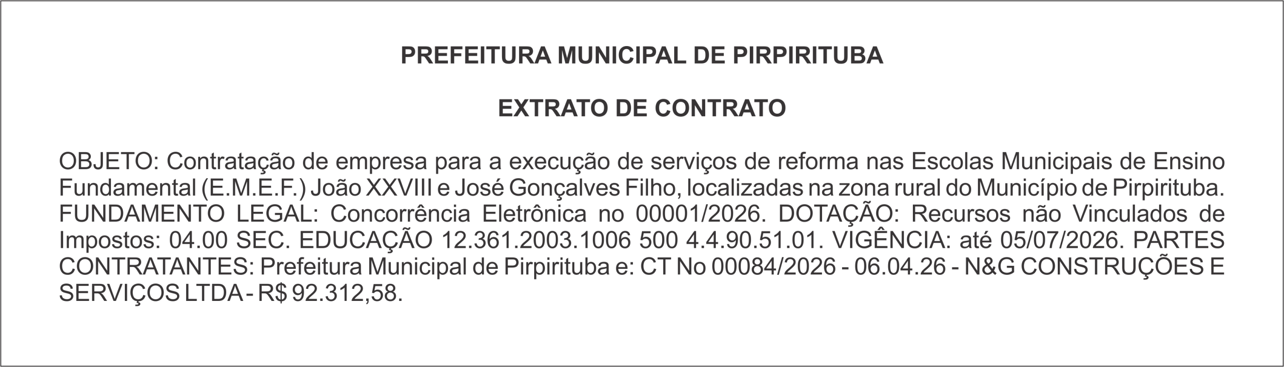 PREFEITURA MUNICIPAL DE PIRPIRITUBA – EXTRATO DE CONTRATO