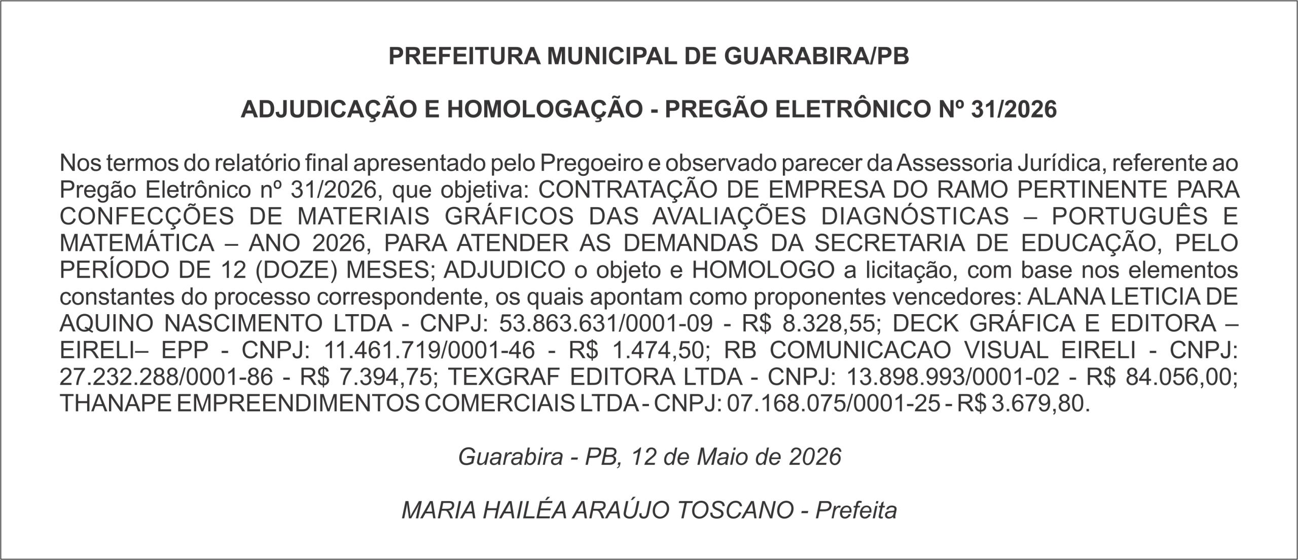 PREFEITURA MUNICIPAL DE GUARABIRA/PB – ADJUDICAÇÃO E HOMOLOGAÇÃO – PREGÃO ELETRÔNICO Nº 31/2026