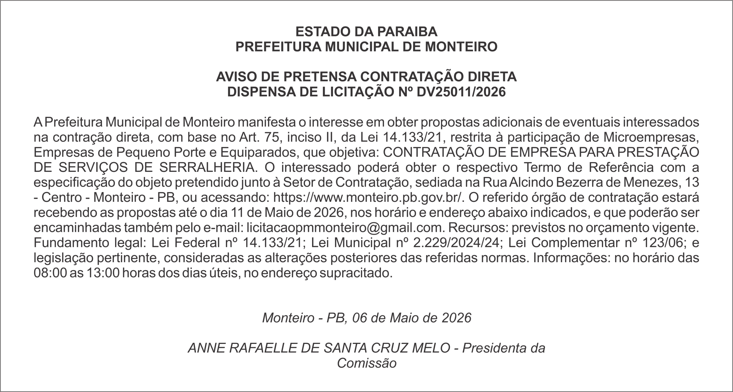 PREFEITURA MUNICIPAL DE MONTEIRO – AVISO DE PRETENSA CONTRATAÇÃO DIRETA DISPENSA DE LICITAÇÃO Nº DV25011/2026