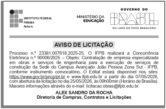 IFPB – PB – JOÃO PESSOA – REITORIA – Concorrência 90006/2025 – Campus Avançado João Pessoa Zona Sul do IFPB