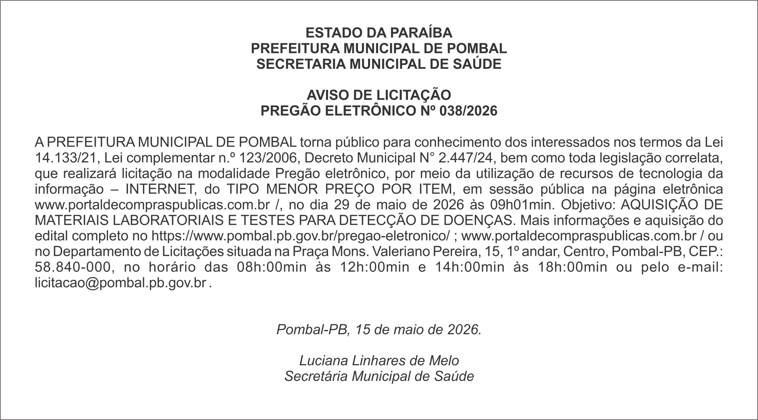 PREFEITURA MUNICIPAL DE POMBAL – AVISO DE LICITAÇÃO PREGÃO ELETRÔNICO Nº 038/2026