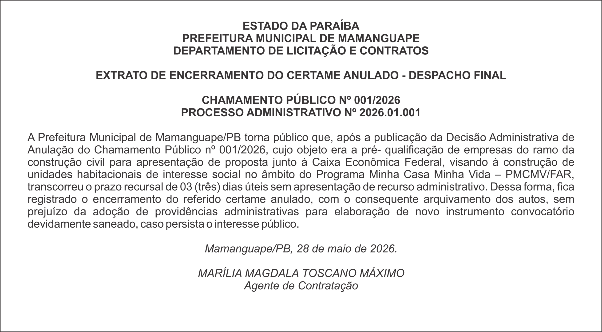 PREFEITURA MUNICIPAL DE MAMANGUAPE – EXTRATO DE ENCERRAMENTO DO CERTAME ANULADO – DESPACHO FINAL