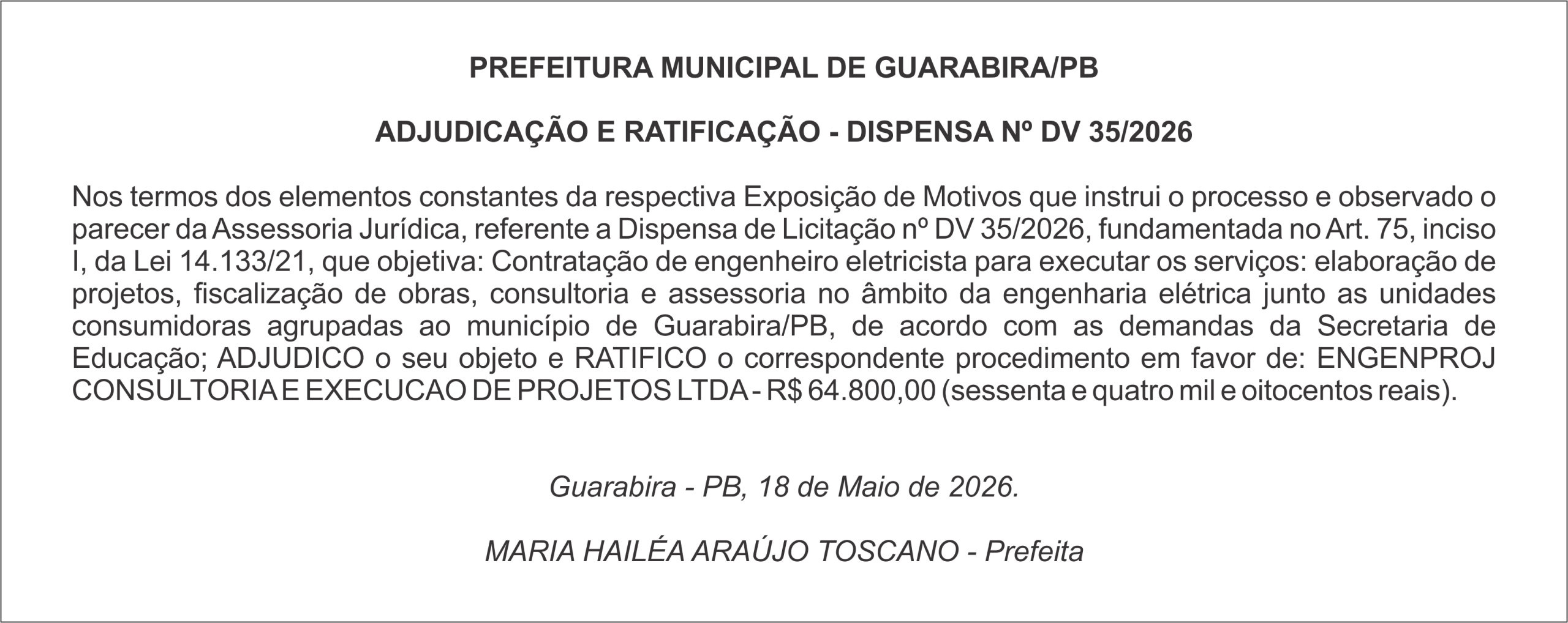 PREFEITURA MUNICIPAL DE GUARABIRA/PB ADJUDICAÇÃO E RATIFICAÇÃO – DISPENSA Nº DV 35/2026
