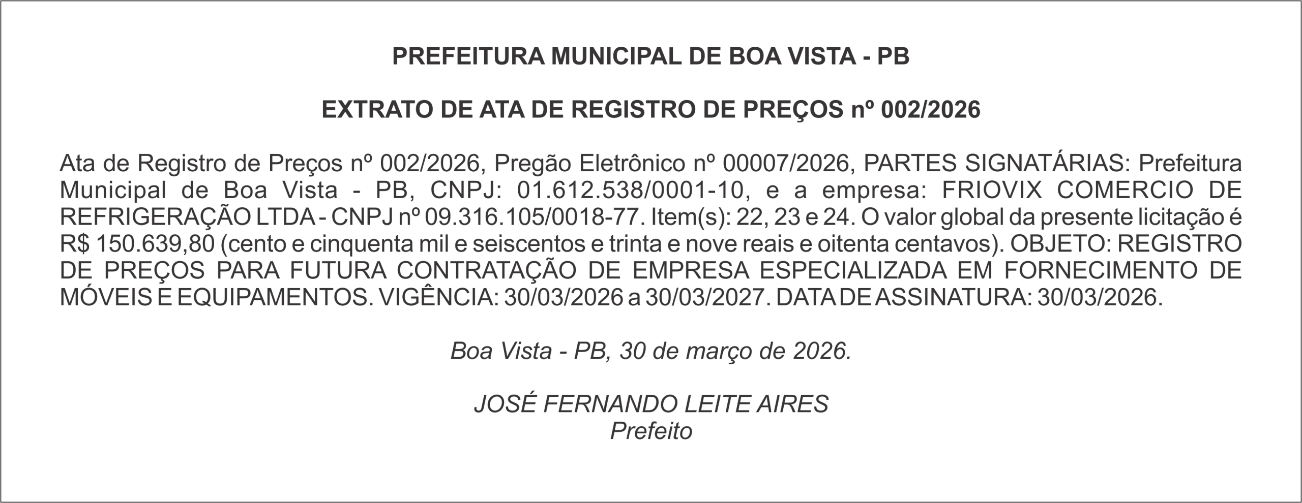 PREFEITURA MUNICIPAL DE BOA VISTA – PB – EXTRATO DE ATA DE REGISTRO DE PREÇOS nº 002/2026