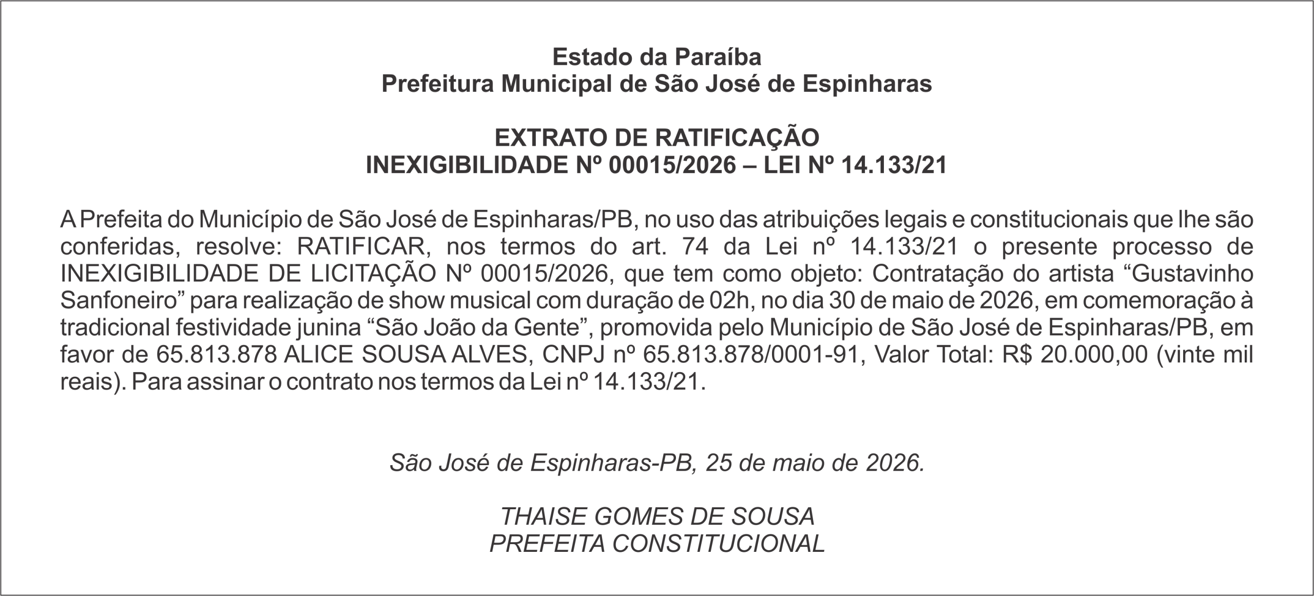 PREFEITURA DE SÃO JOSÉ DE ESPINHARAS – EXTRATO DE RATIFICAÇÃO
