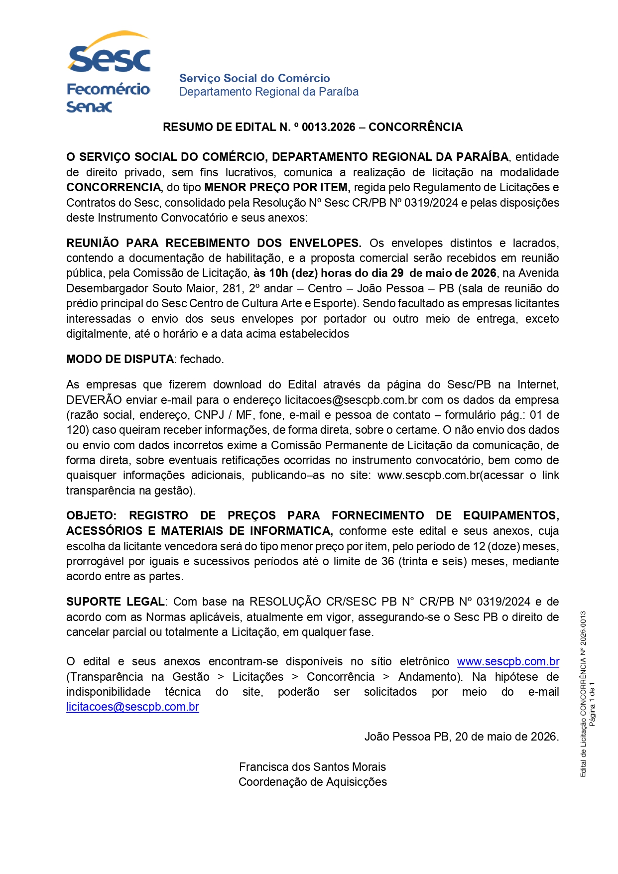 SESC – RESUMO DE EDITAL N. º 0013.2026 – CONCORRÊNCIA