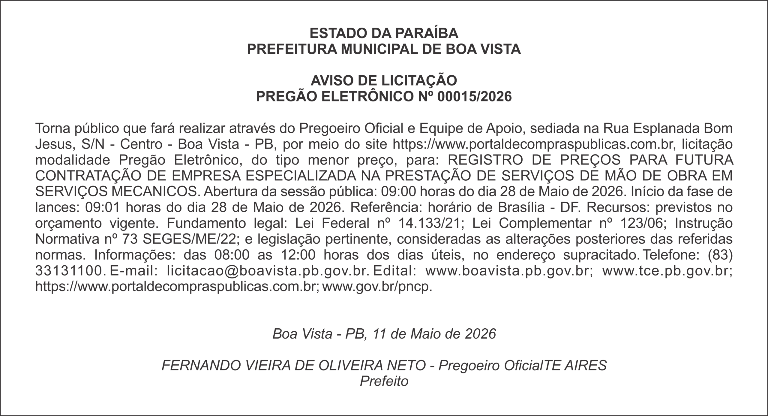 PREFEITURA MUNICIPAL DE BOA VISTA – AVISO DE LICITAÇÃO PREGÃO ELETRÔNICO Nº 00015/2026