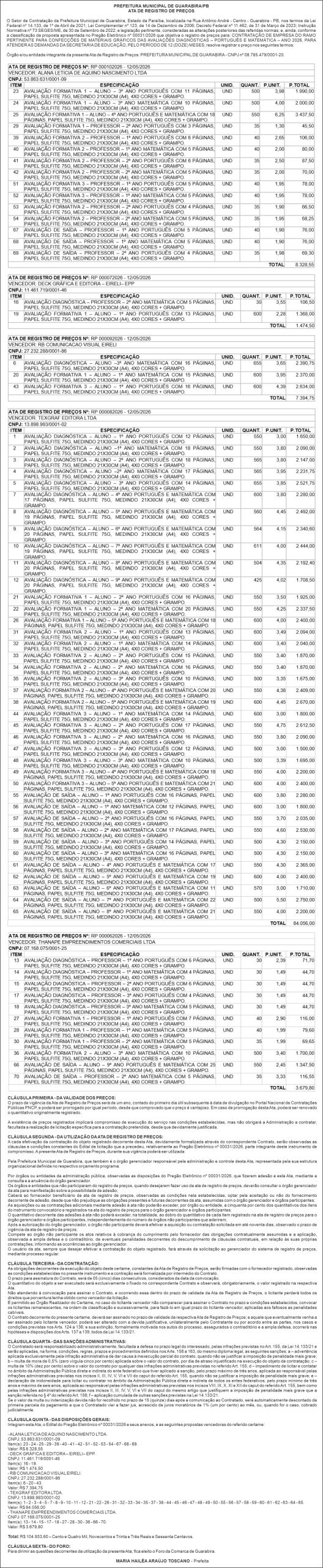 PREFEITURA MUNICIPAL DE GUARABIRA/PB – ATA DE REGISTRO DE PREÇOS