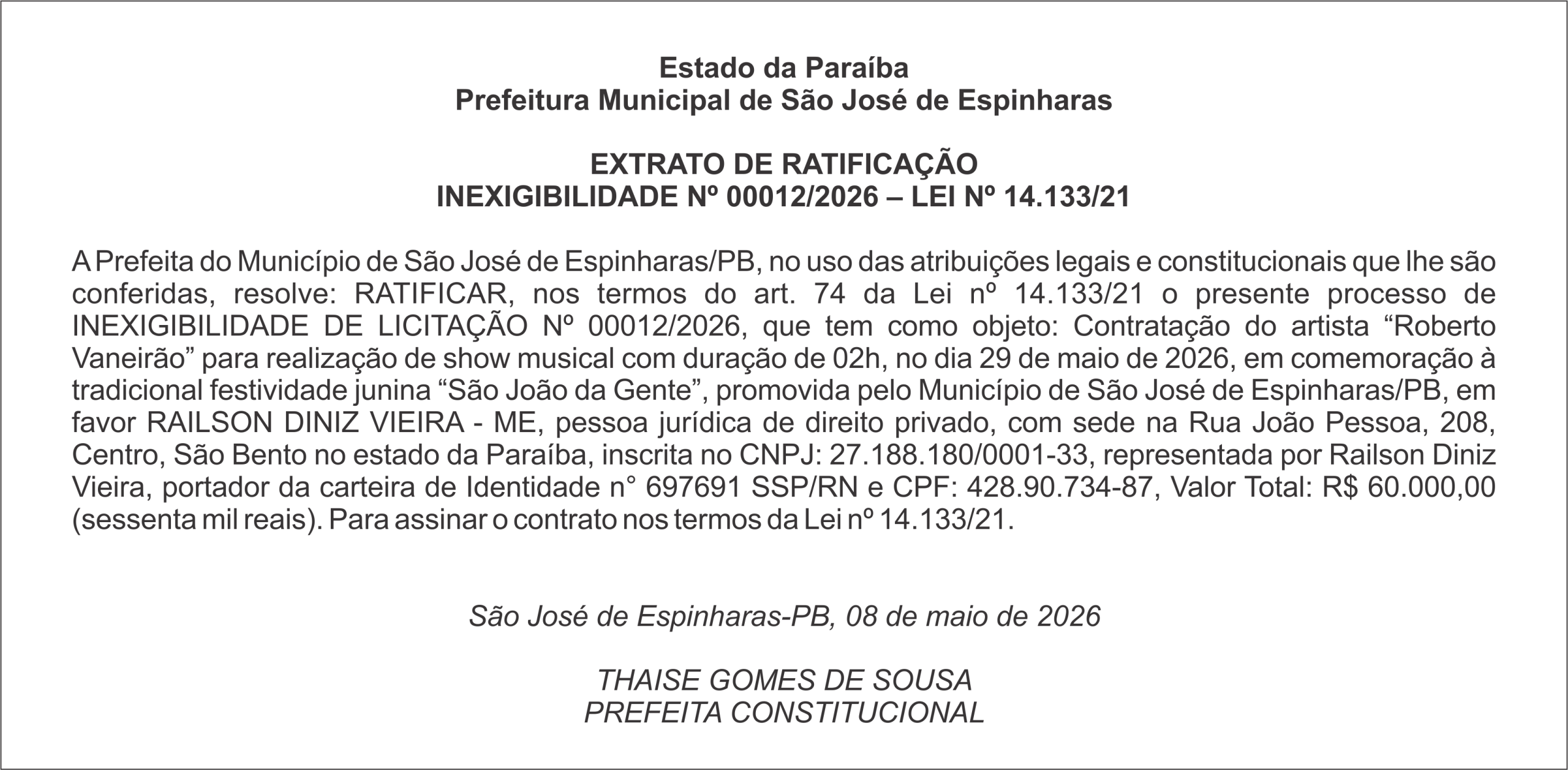 PREFEITURA DE SÃO JOSÉ DE ESPINHARAS – EXTRATO DE RATIFICAÇÃO