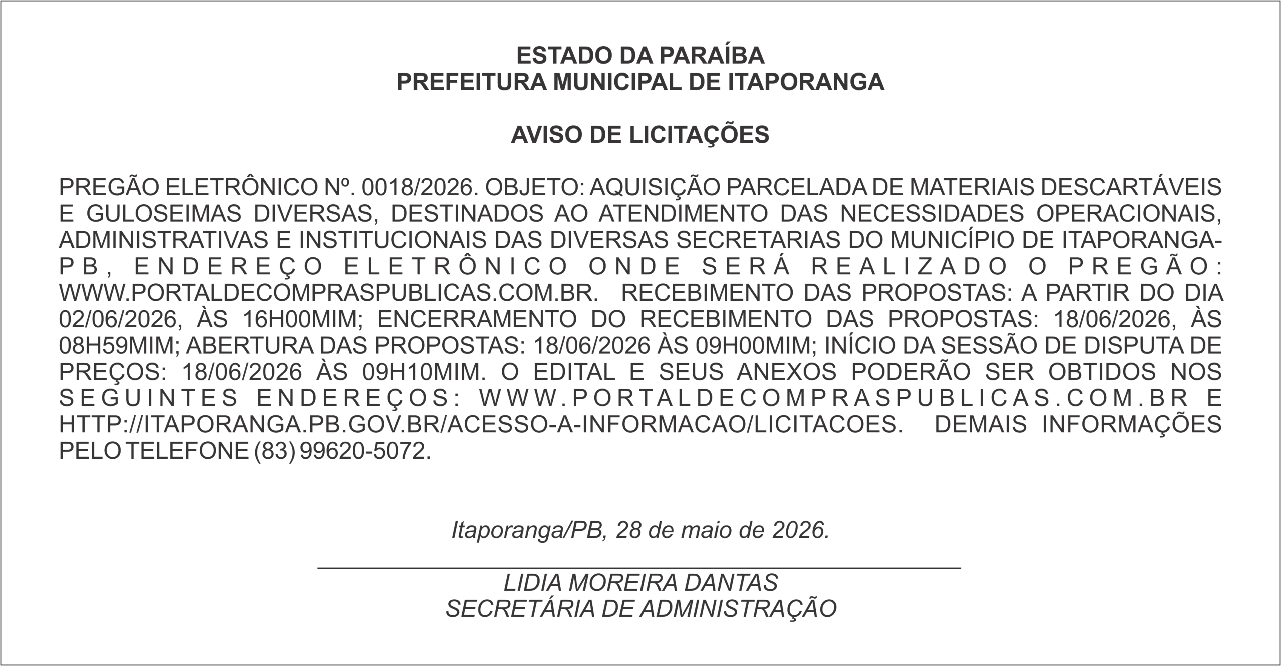 PREFEITURA MUNICIPAL DE ITAPORANGA – AVISO DE LICITAÇÕES  PREGÃO ELETRÔNICO Nº. 0018/2026