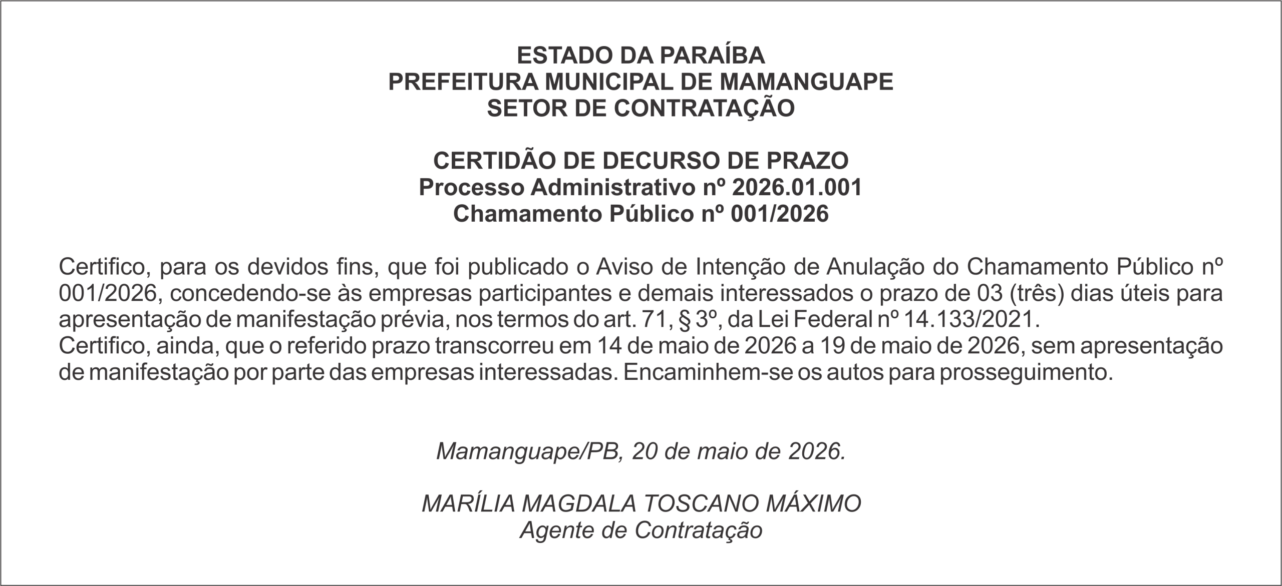 PREFEITURA DE MAMANGUAPE – CERTIDÃO DE DECURSO DE PRAZO Processo Administrativo nº 2026.01.001