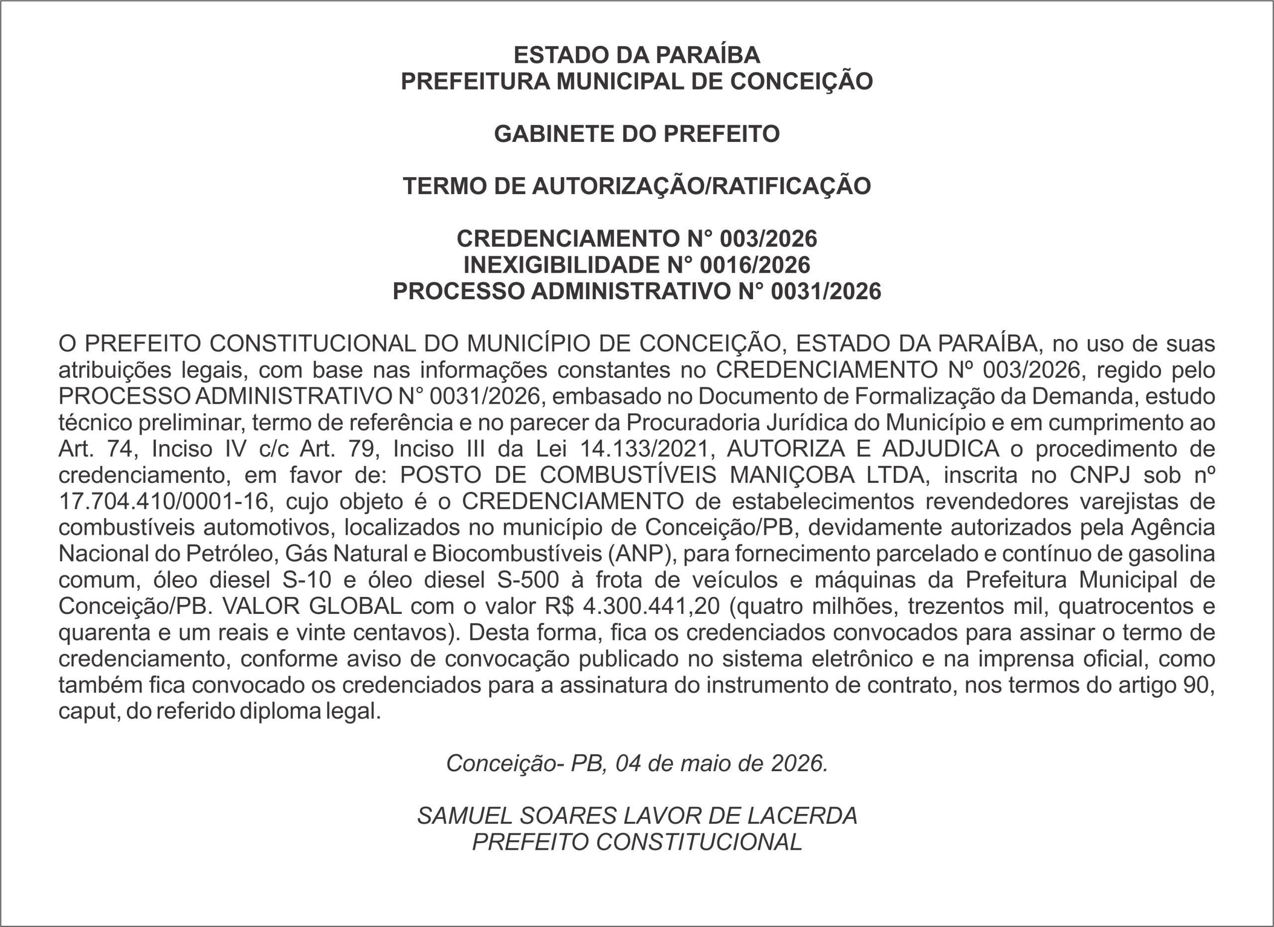 PREFEITURA MUNICIPAL DE CONCEIÇÃO – TERMO DE AUTORIZAÇÃO/RATIFICAÇÃO – CREDENCIAMENTO N° 003/2026