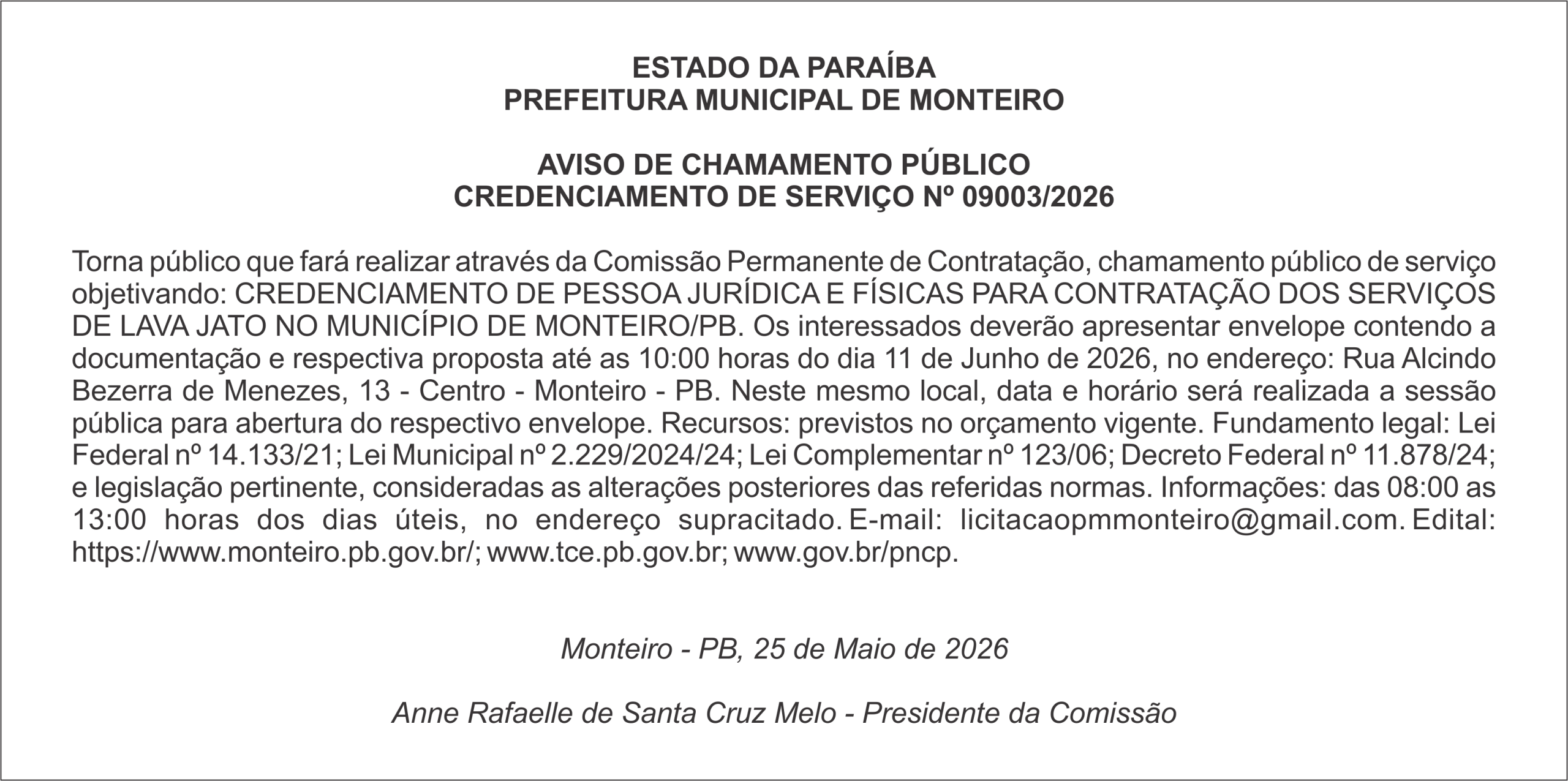 PREFEITURA MUNICIPAL DE MONTEIRO – AVISO DE CHAMAMENTO PÚBLICO CREDENCIAMENTO DE SERVIÇO Nº 09003/2026