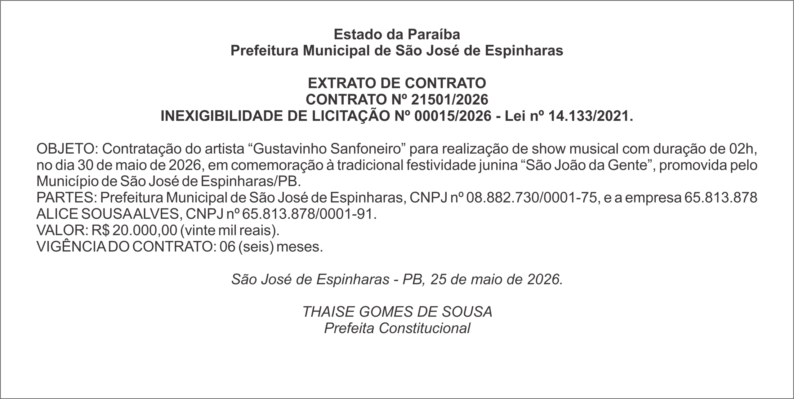 PREFEITURA DE SÃO JOSÉ DE ESPINHARAS – EXTRATO DE CONTRATO CONTRATO Nº 21501/2026