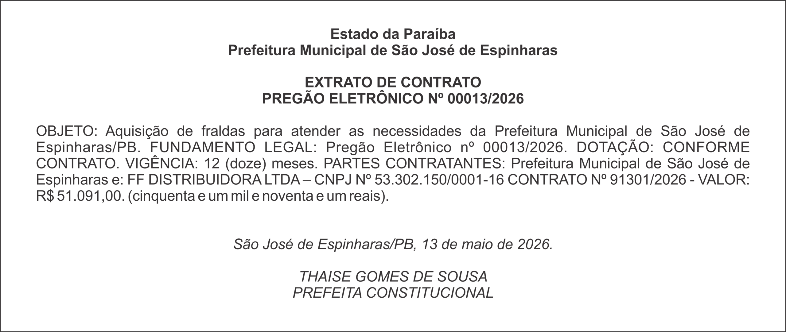 PREFEITURA DE SÃO JOSÉ DE ESPINHARAS – EXTRATO DE CONTRATO