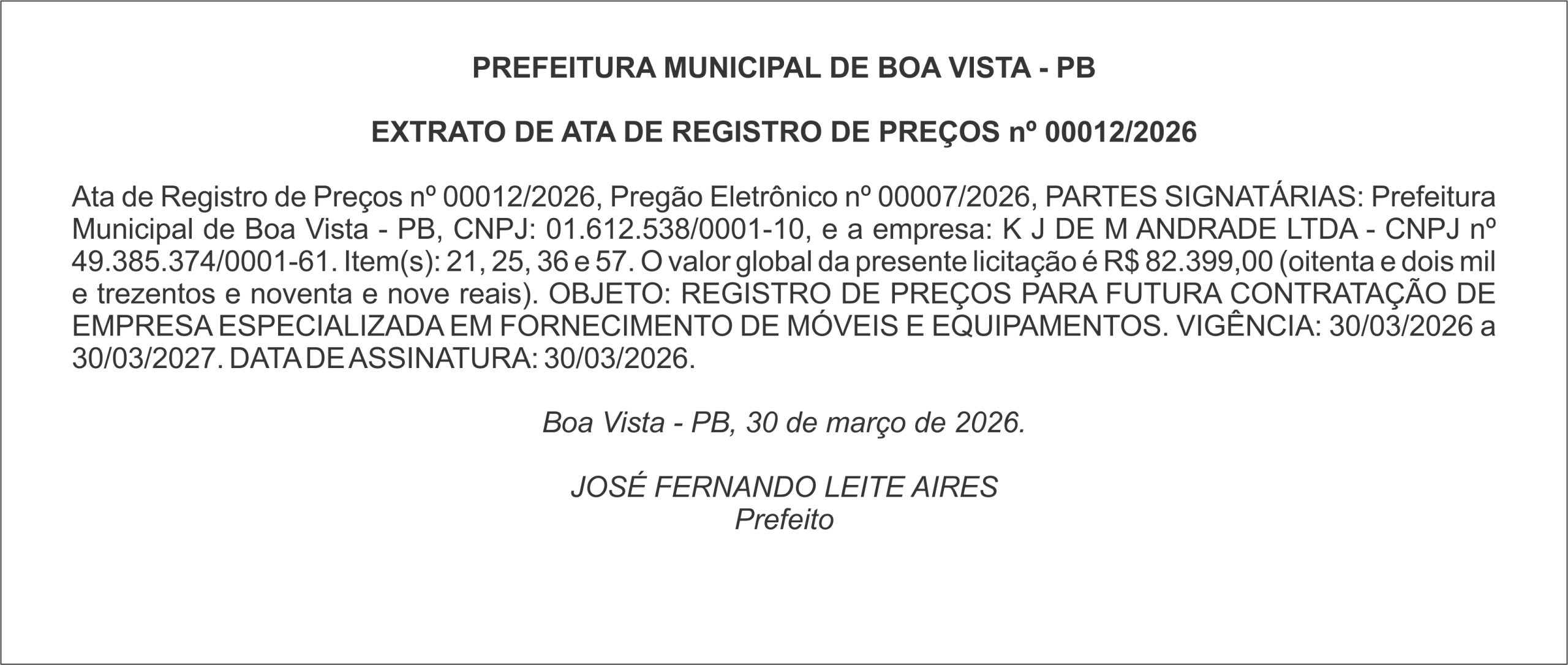 PREFEITURA MUNICIPAL DE BOA VISTA – PB – EXTRATO DE ATA DE REGISTRO DE PREÇOS nº 012/2026