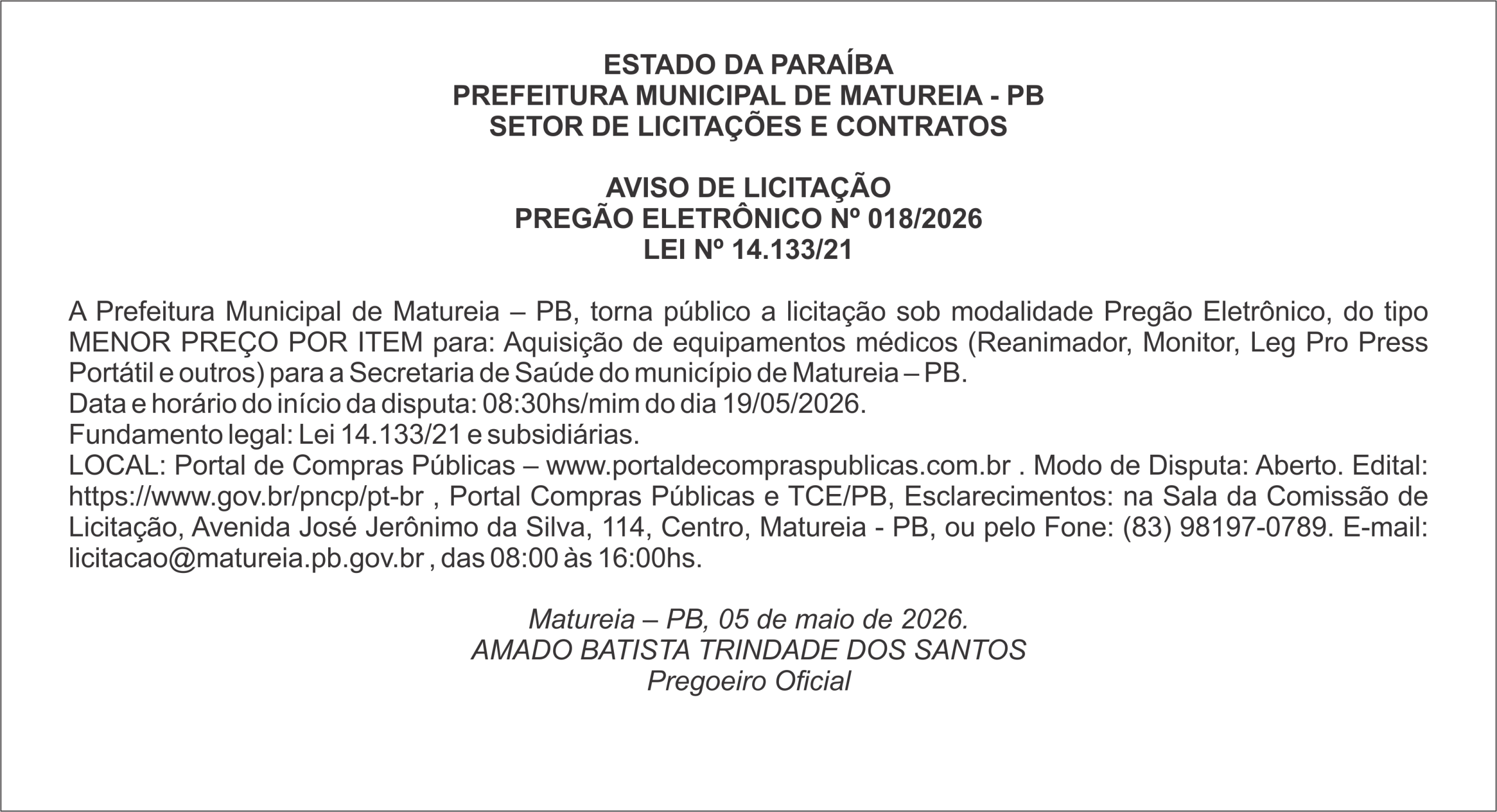 PREFEITURA MUNICIPAL DE MATUREIA – PB – AVISO DE LICITAÇÃO PREGÃO ELETRÔNICO Nº 018/2026