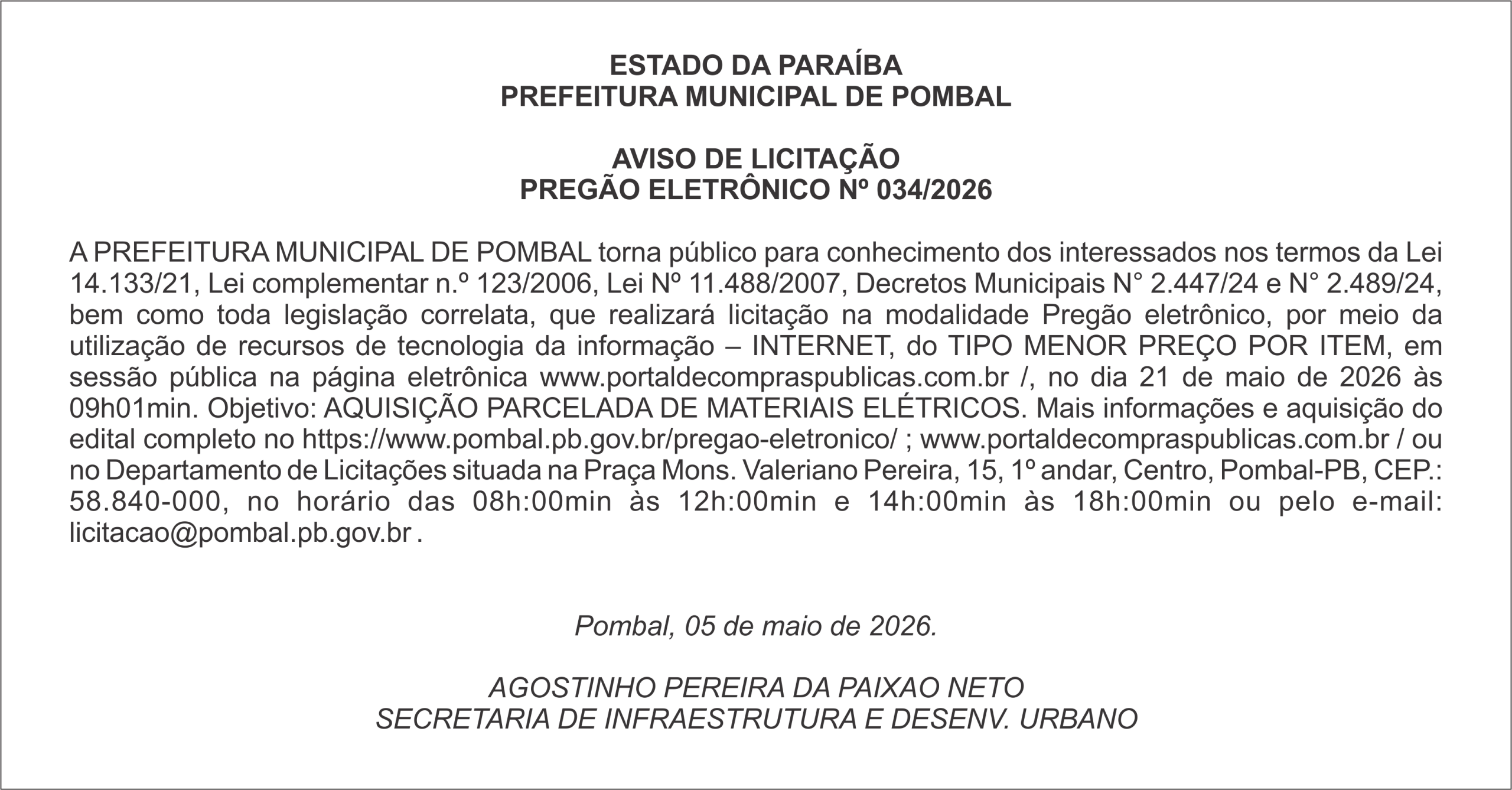 PREFEITURA MUNICIPAL DE POMBAL – AVISO DE LICITAÇÃO – PREGÃO ELETRÔNICO Nº 034/2026
