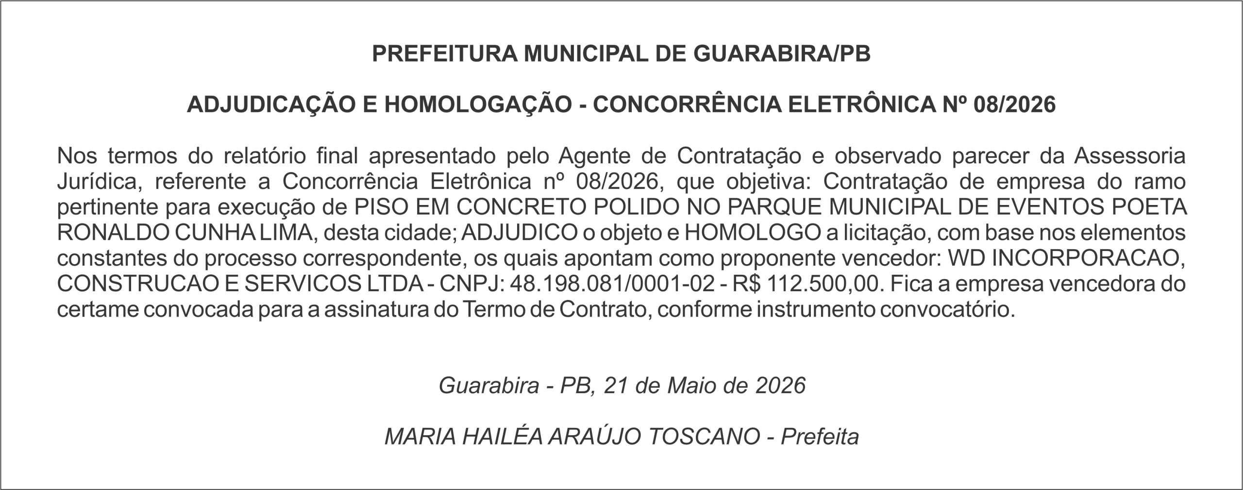 PREFEITURA MUNICIPAL DE GUARABIRA/PB   ADJUDICAÇÃO E HOMOLOGAÇÃO – CONCORRÊNCIA ELETRÔNICA Nº 08/2026
