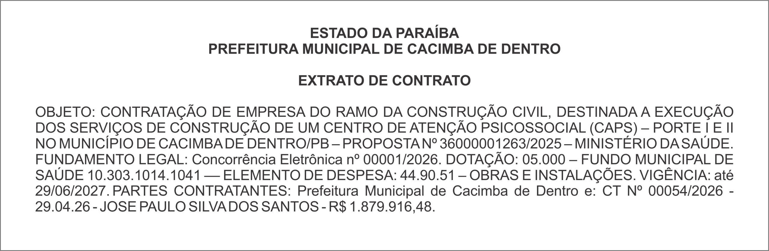 PREFEITURA MUNICIPAL DE CACIMBA DE DENTRO – EXTRATO DE CONTRATO