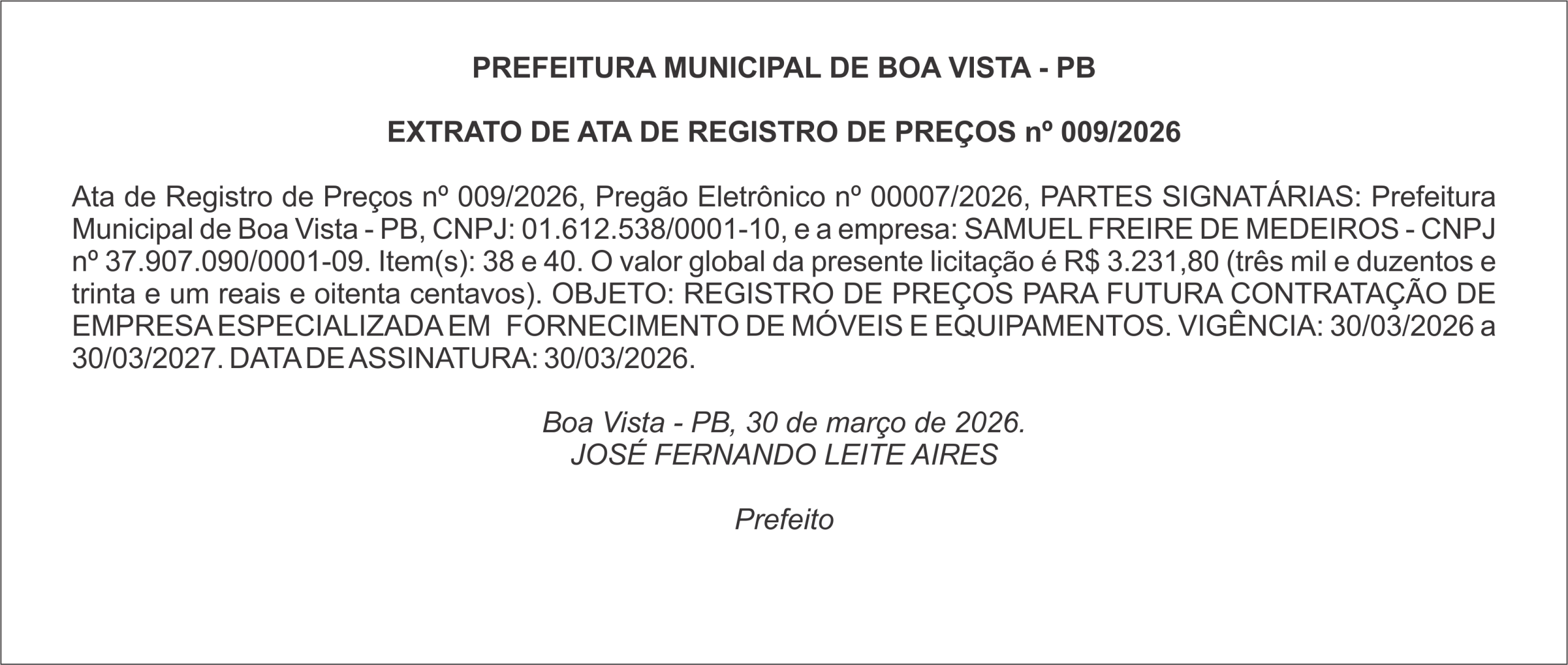 PREFEITURA MUNICIPAL DE BOA VISTA – PB – EXTRATO DE ATA DE REGISTRO DE PREÇOS nº 009/2026