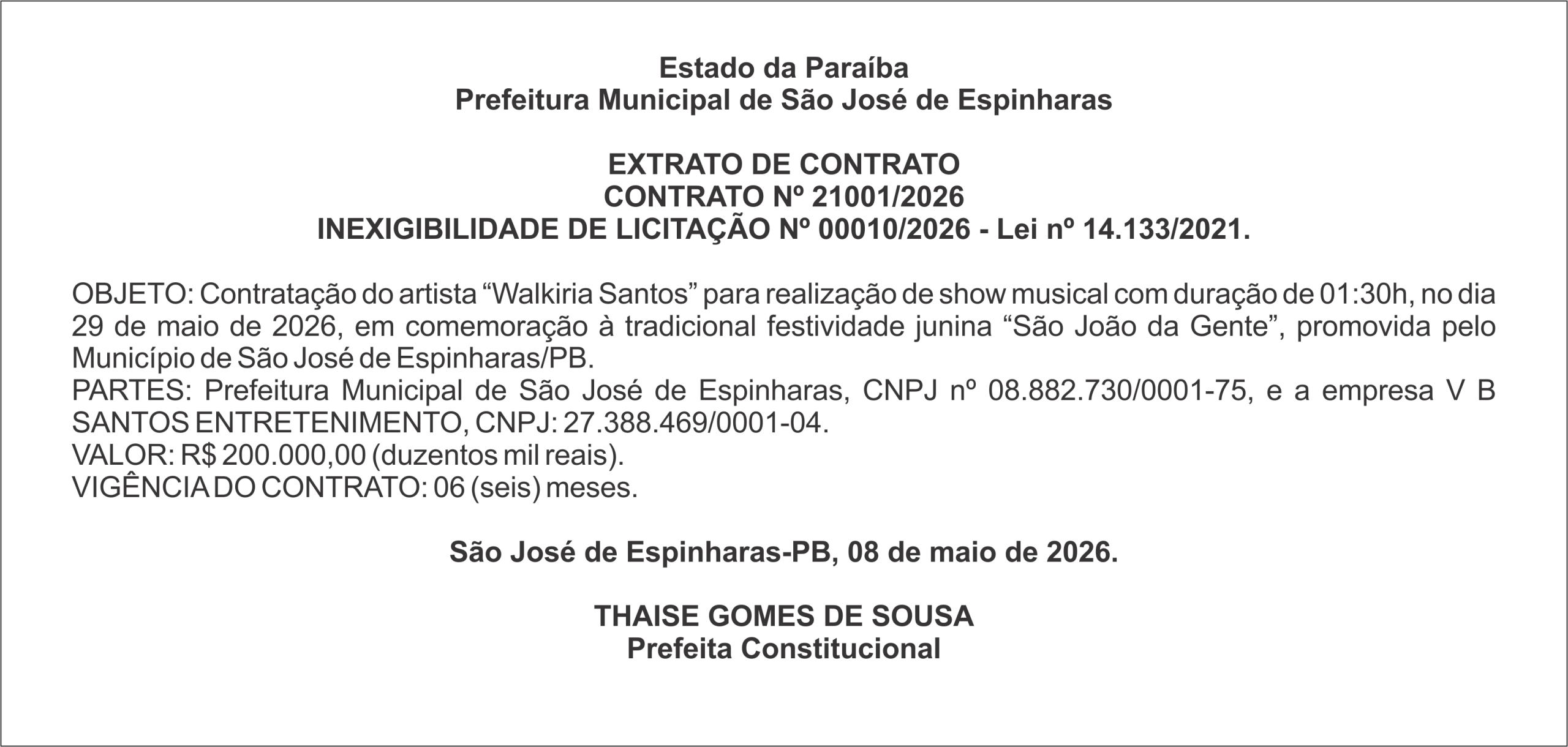 PREFEITURA DE SÃO JOSÉ DE ESPINHARAS – EXTRATO DE CONTRATO