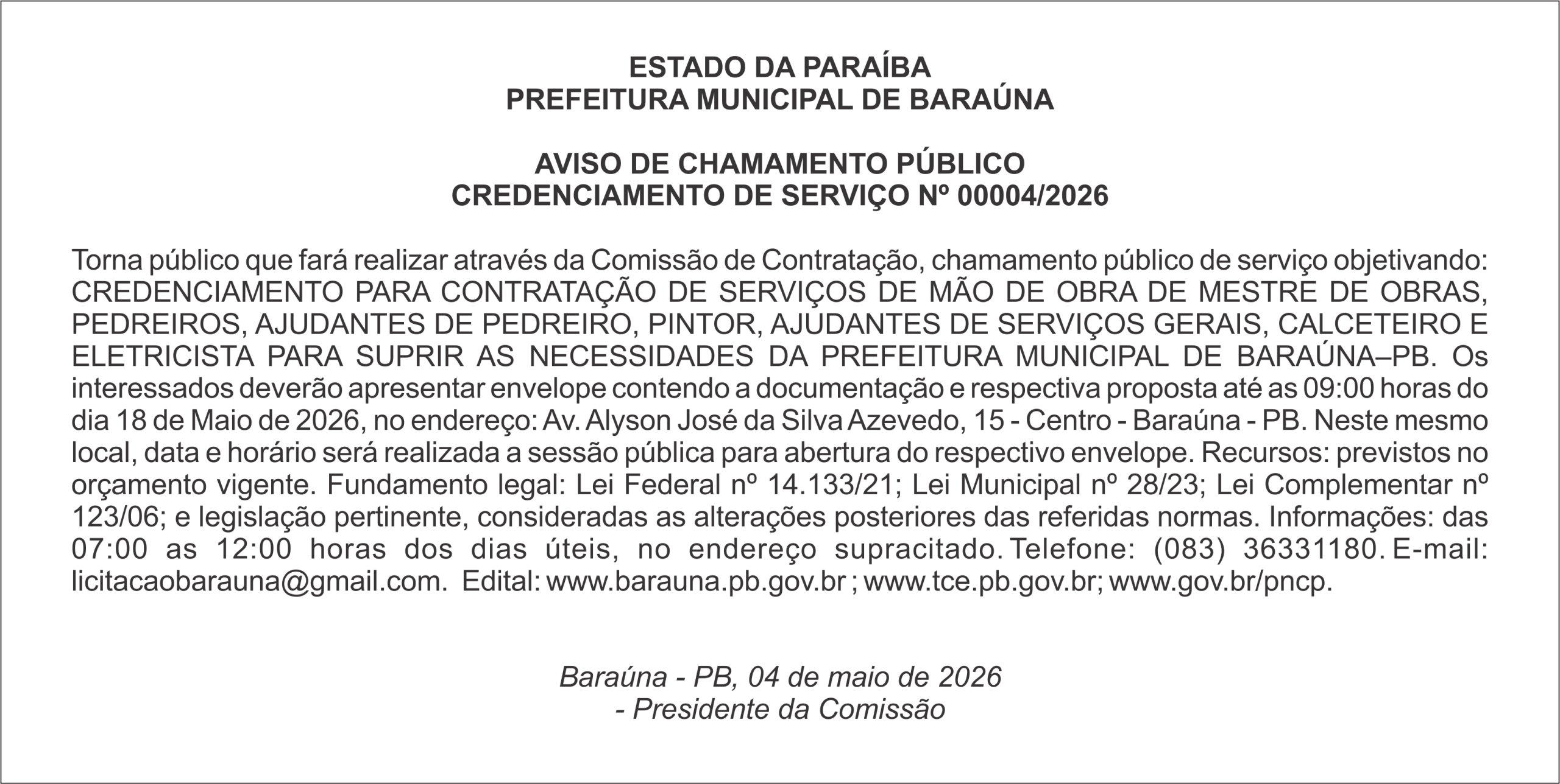 PREFEITURA MUNICIPAL DE BARAÚNA – AVISO DE CHAMAMENTO PÚBLICO CREDENCIAMENTO DE SERVIÇO Nº 00004/2026