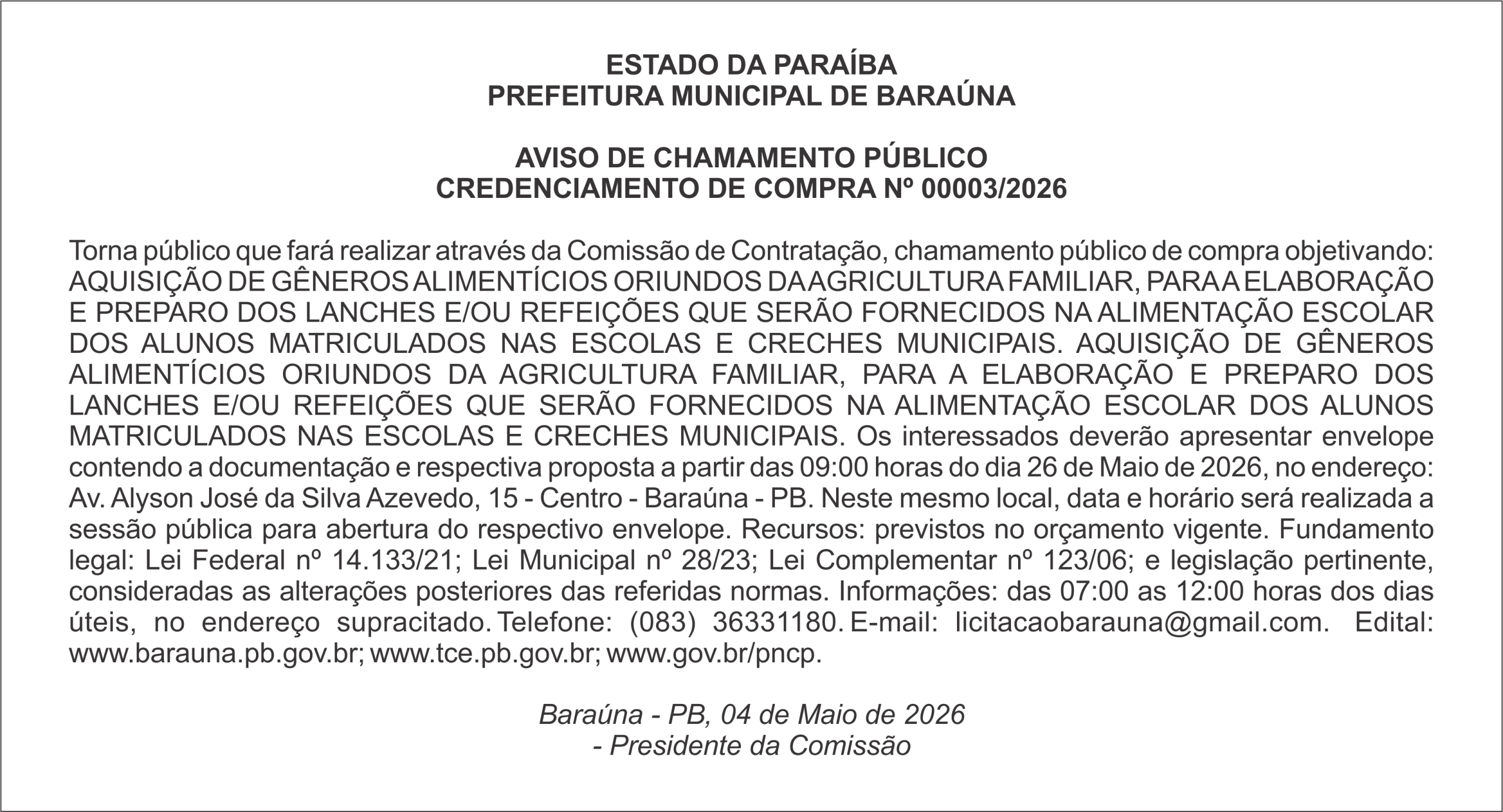 PREFEITURA MUNICIPAL DE BARAÚNA  – AVISO DE CHAMAMENTO PÚBLICO CREDENCIAMENTO DE COMPRA Nº 00003/2026