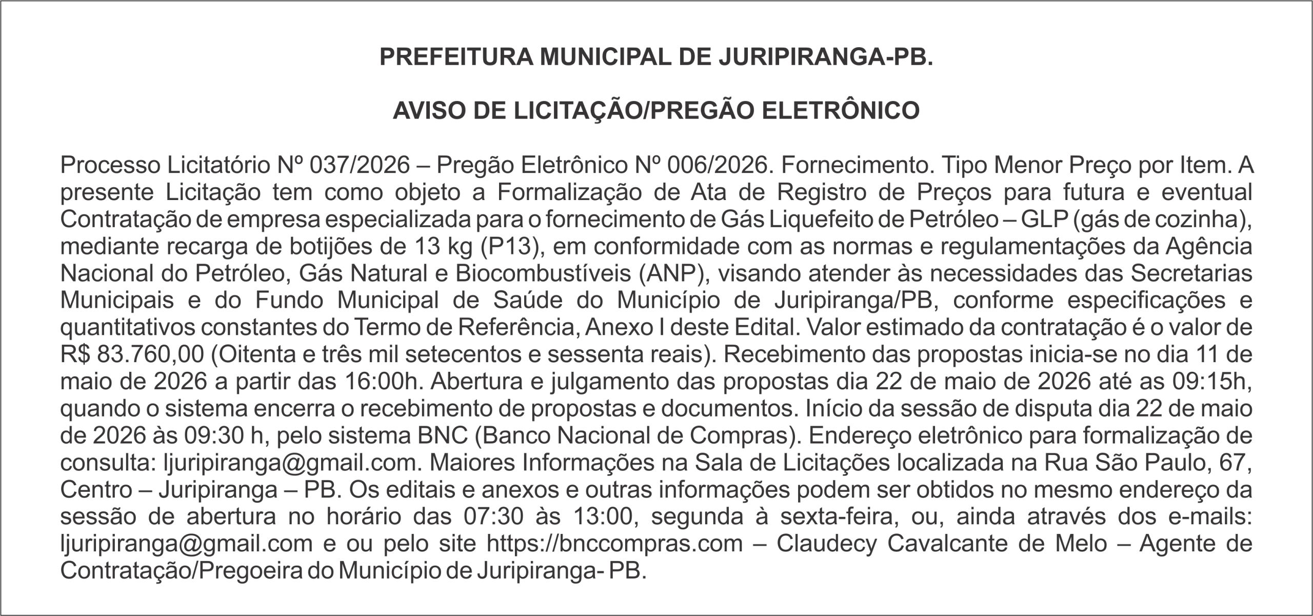 PREFEITURA MUNICIPAL DE JURIPIRANGA-PB – AVISO DE LICITAÇÃO/PREGÃO ELETRÔNICO