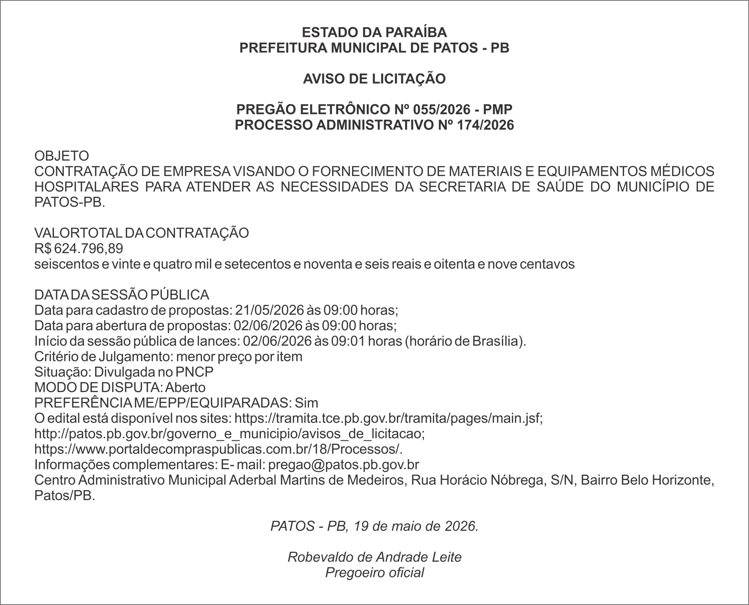PREFEITURA MUNICIPAL DE PATOS – PB – PREGÃO ELETRÔNICO Nº 055/2026 – PMP