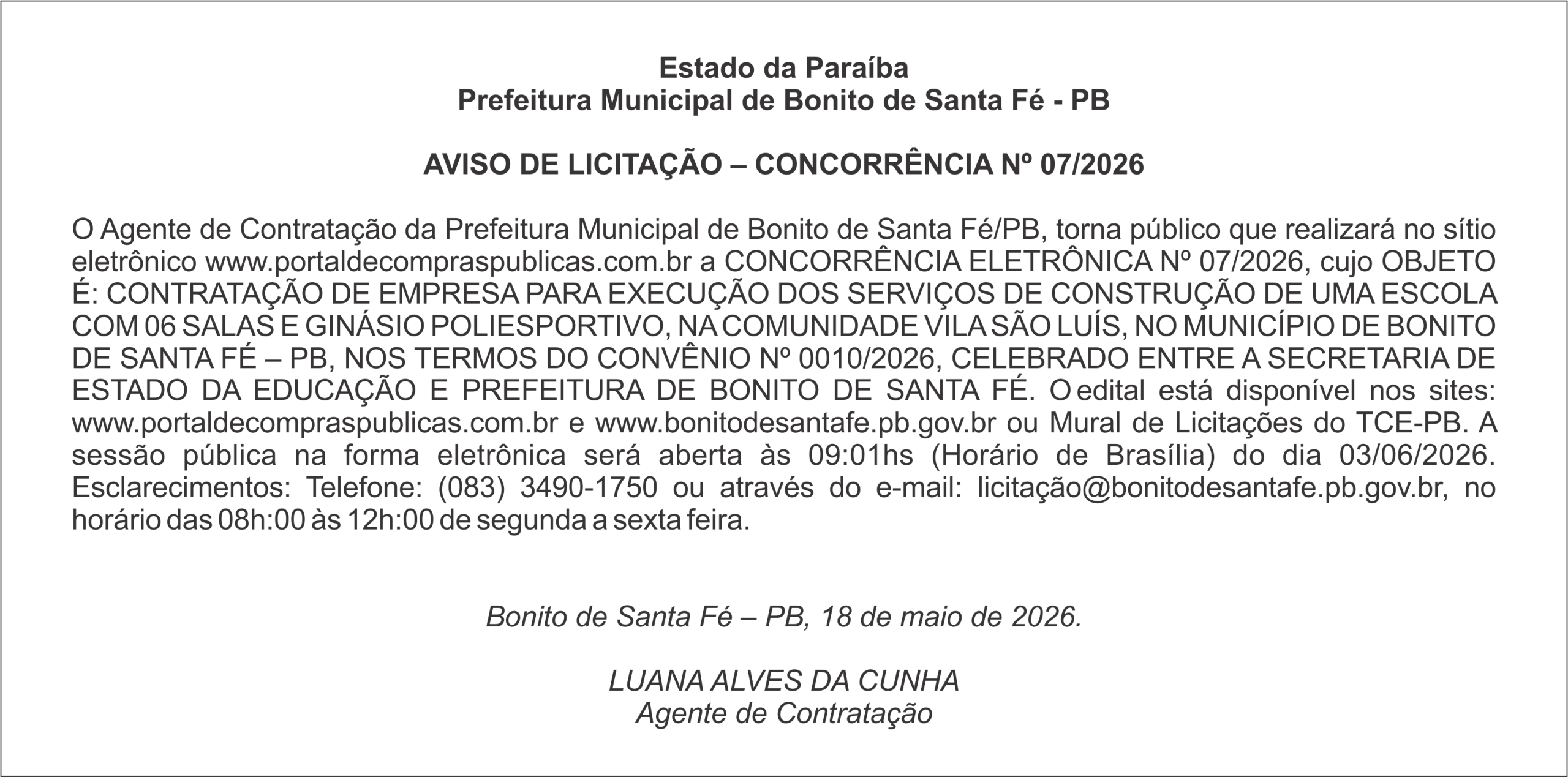 Prefeitura Municipal de Bonito de Santa Fé – PB-  AVISO DE LICITAÇÃO – CONCORRÊNCIA Nº 07/2026