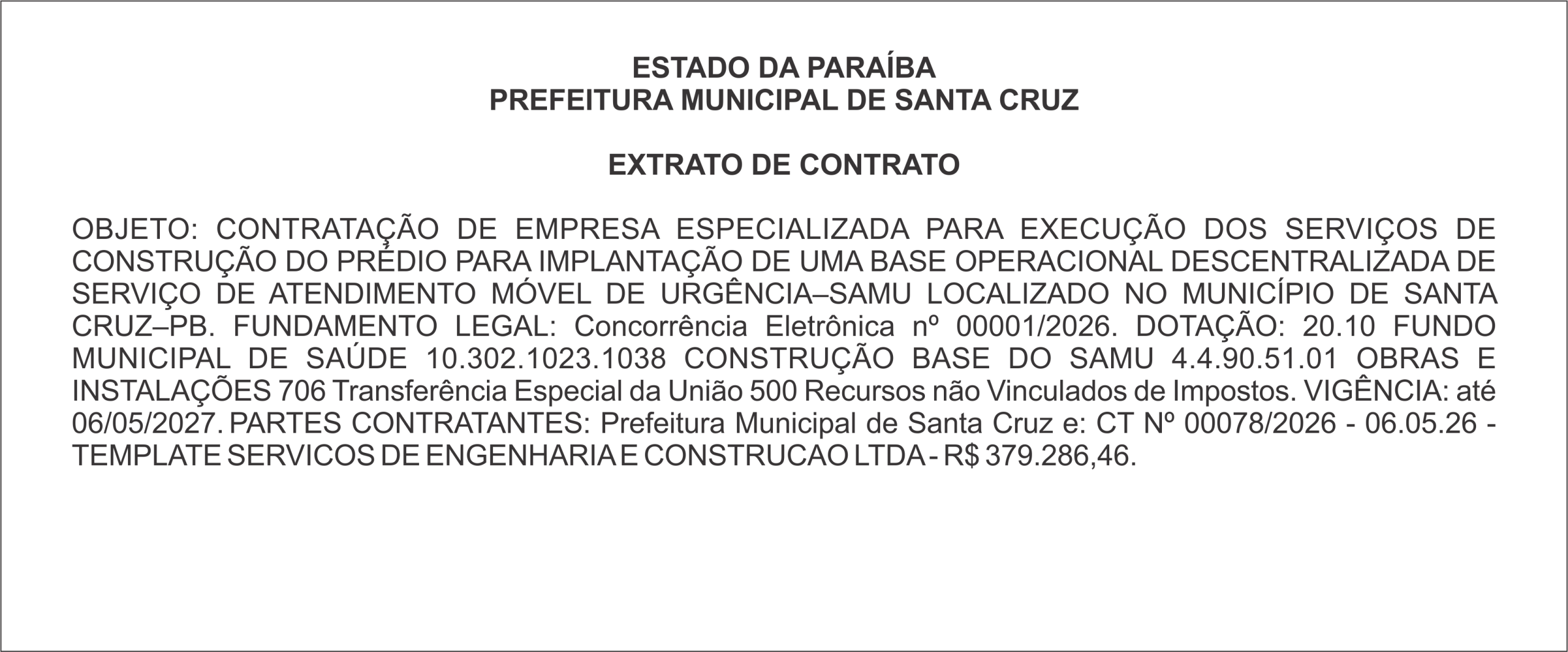 PREFEITURA MUNICIPAL DE SANTA CRUZ – EXTRATO DE CONTRATO