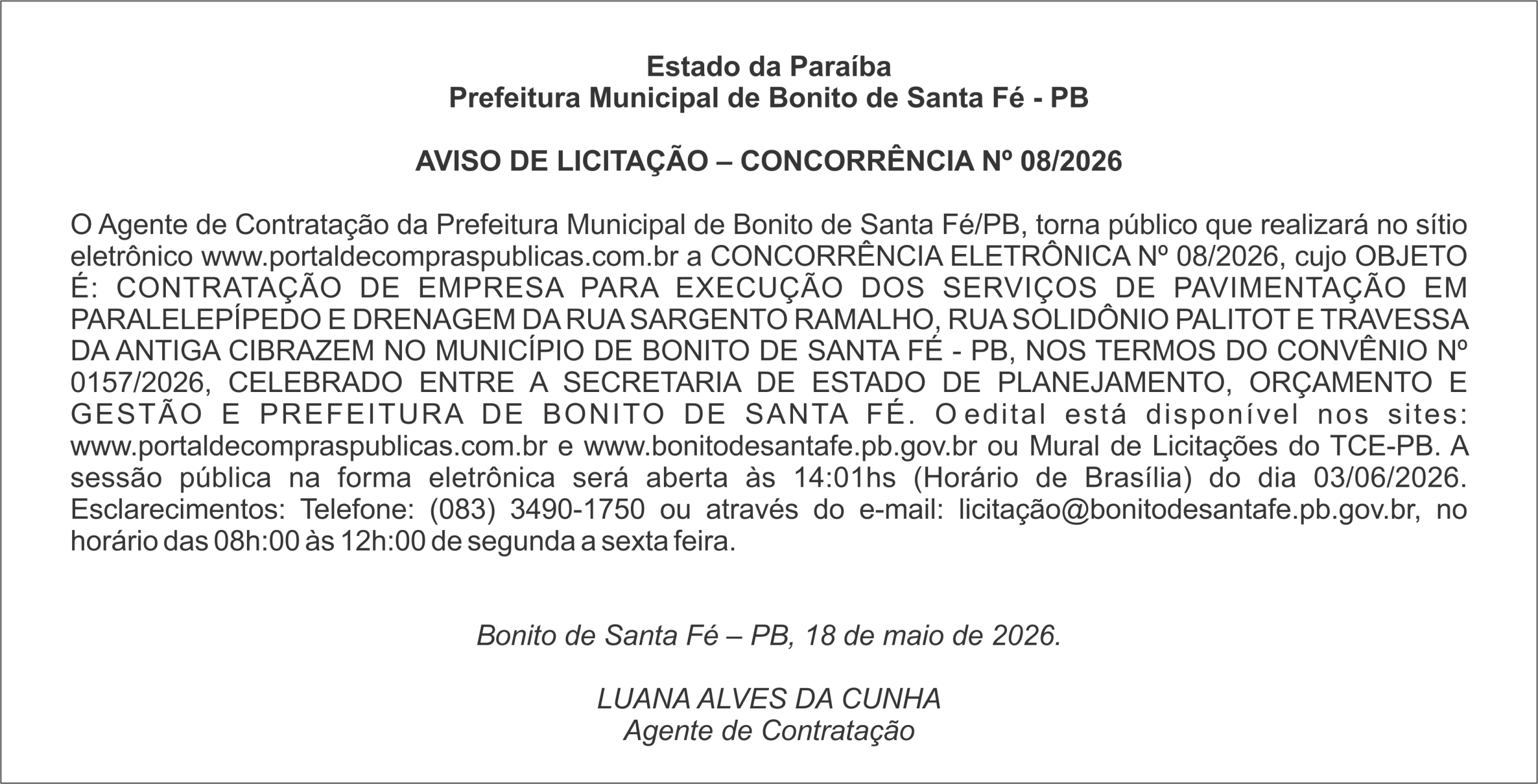 Prefeitura Municipal de Bonito de Santa Fé – PB AVISO DE LICITAÇÃO – CONCORRÊNCIA Nº 08/2026