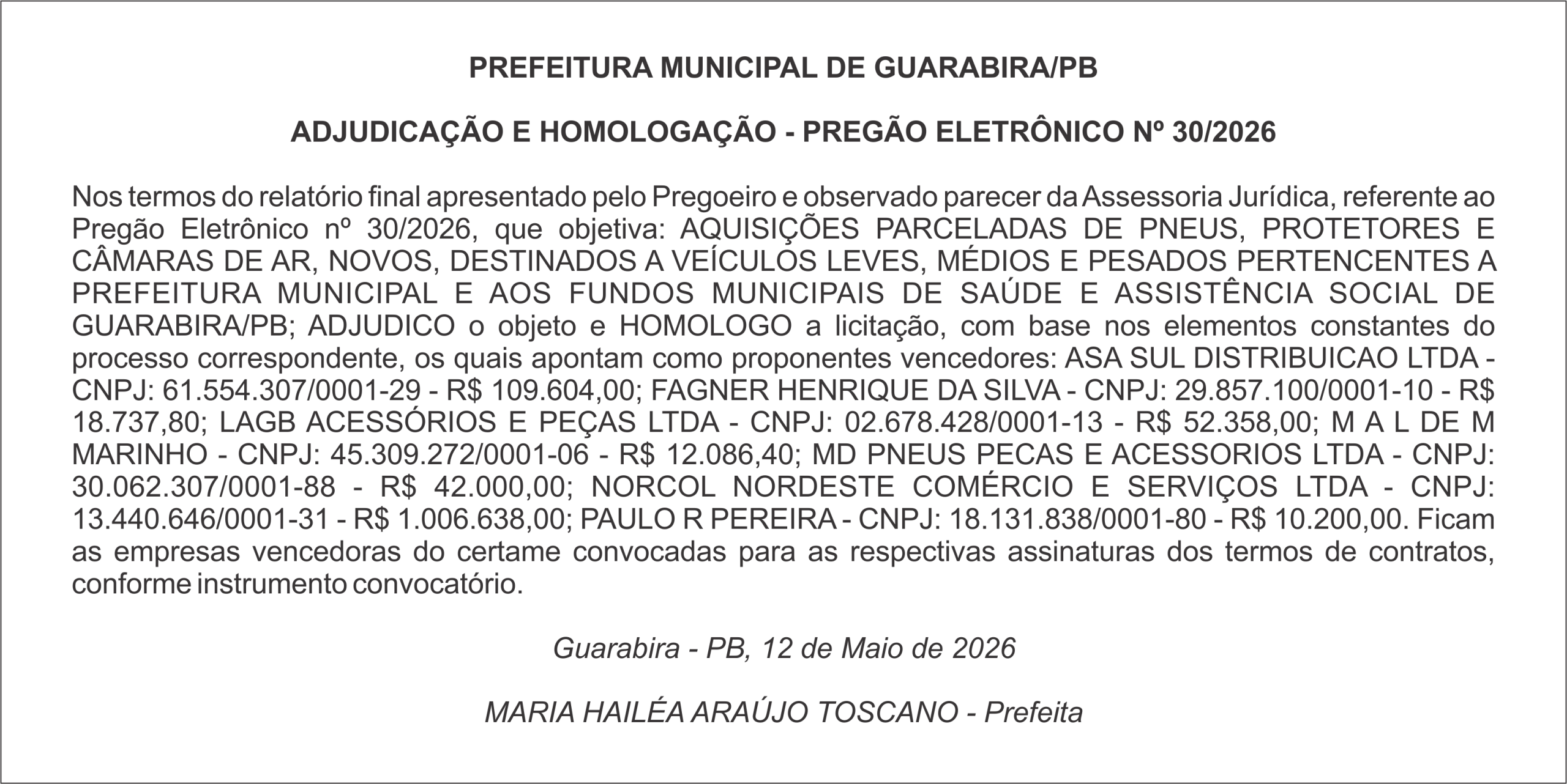 PREFEITURA MUNICIPAL DE GUARABIRA/PB – ADJUDICAÇÃO E HOMOLOGAÇÃO – PREGÃO ELETRÔNICO Nº 30/2026