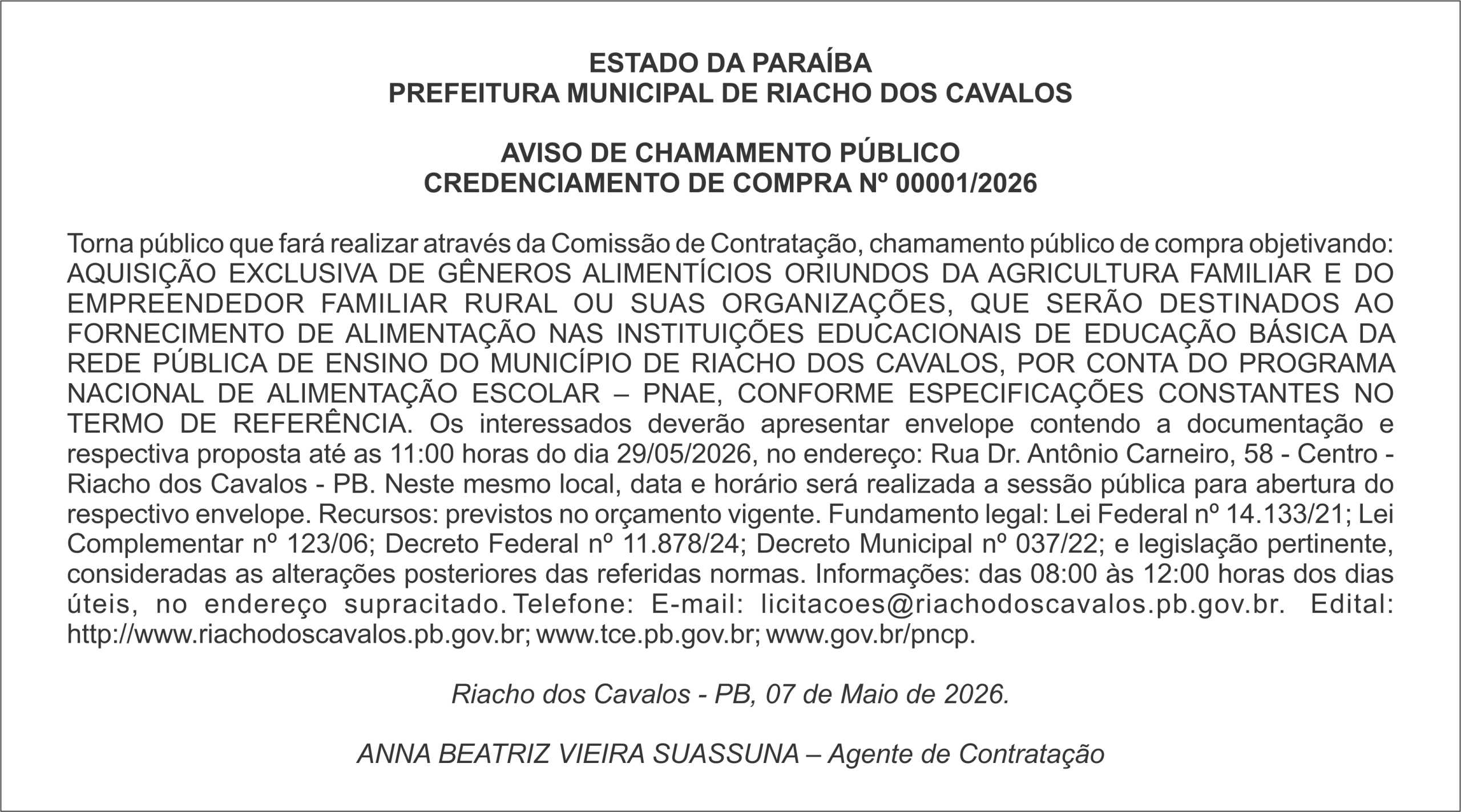 PREFEITURA MUNICIPAL DE RIACHO DOS CAVALOS – AVISO DE CHAMAMENTO PÚBLICO CREDENCIAMENTO DE COMPRA Nº 00001/2026
