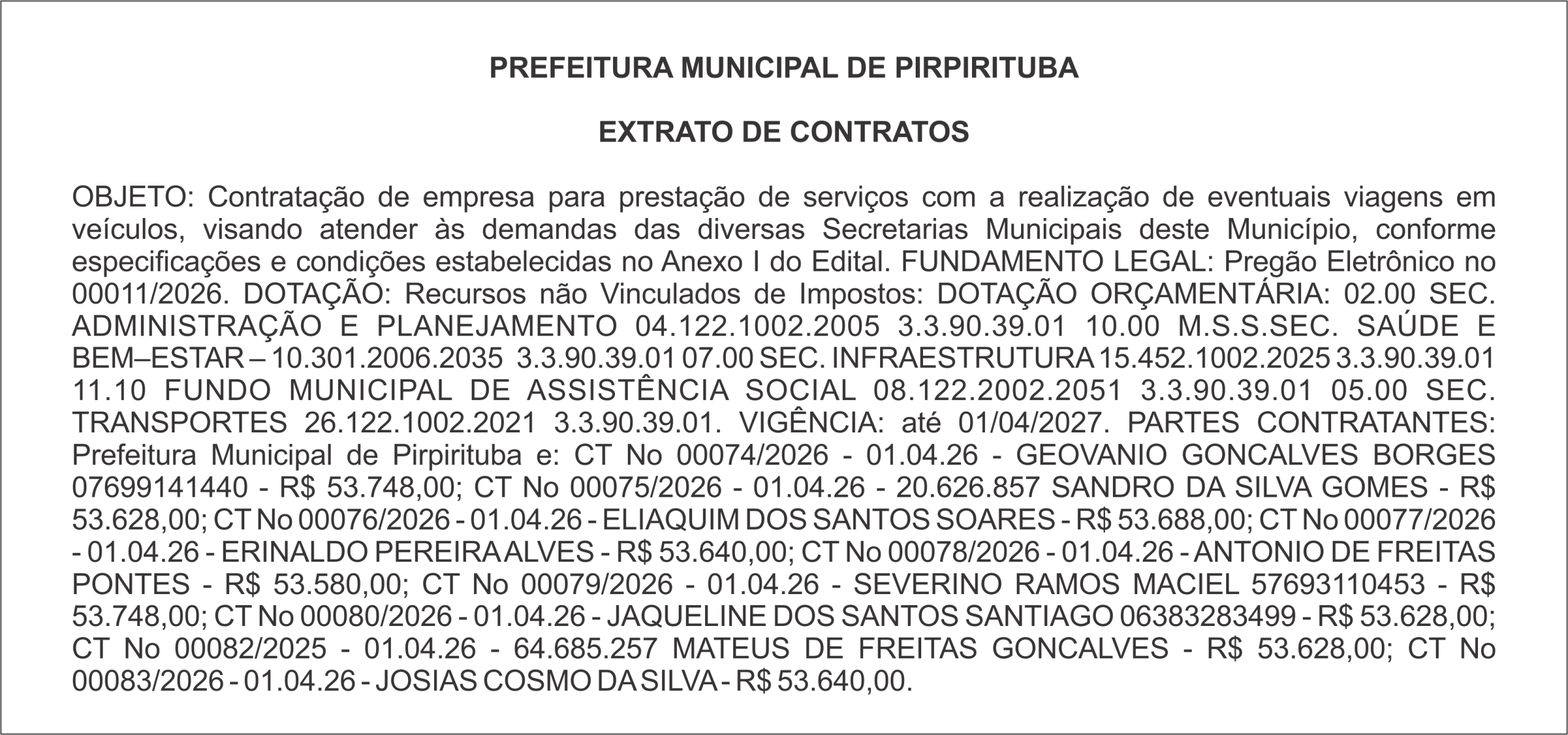 FUNDO MUNICIPAL DE SAÚDE DE PIRPIRITUBA – EXTRATO DE CONTRATOS