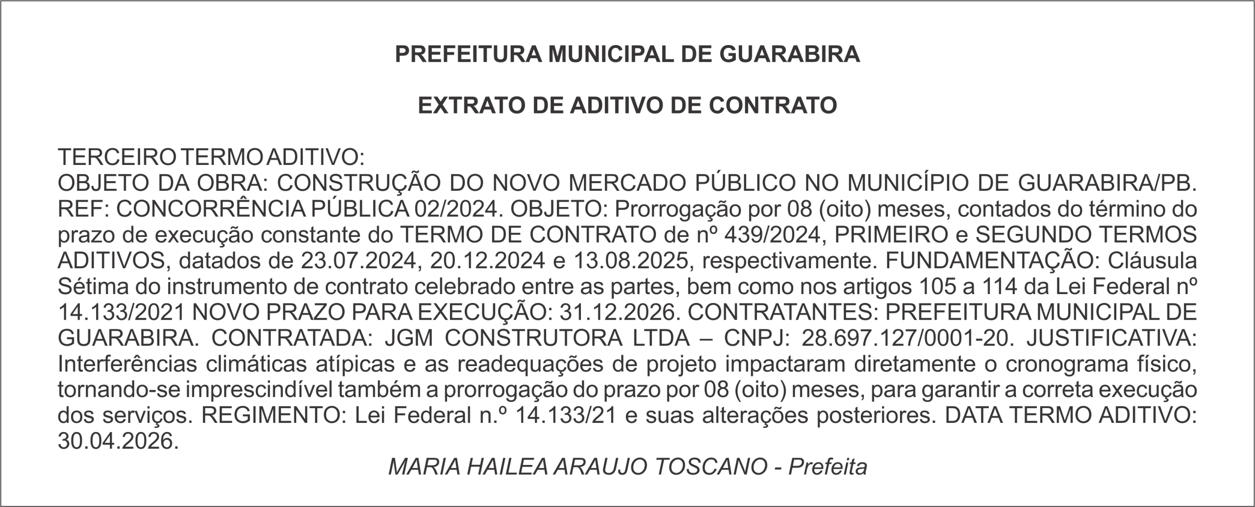 PREFEITURA MUNICIPAL DE GUARABIRA EXTRATO DE ADITIVO DE CONTRATO