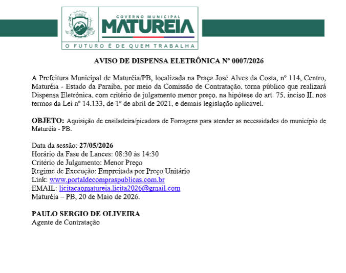 PREFEITURA DE MATURÉIA – AVISO DE DISPENSA ELETRÔNICA Nº 0007/2026