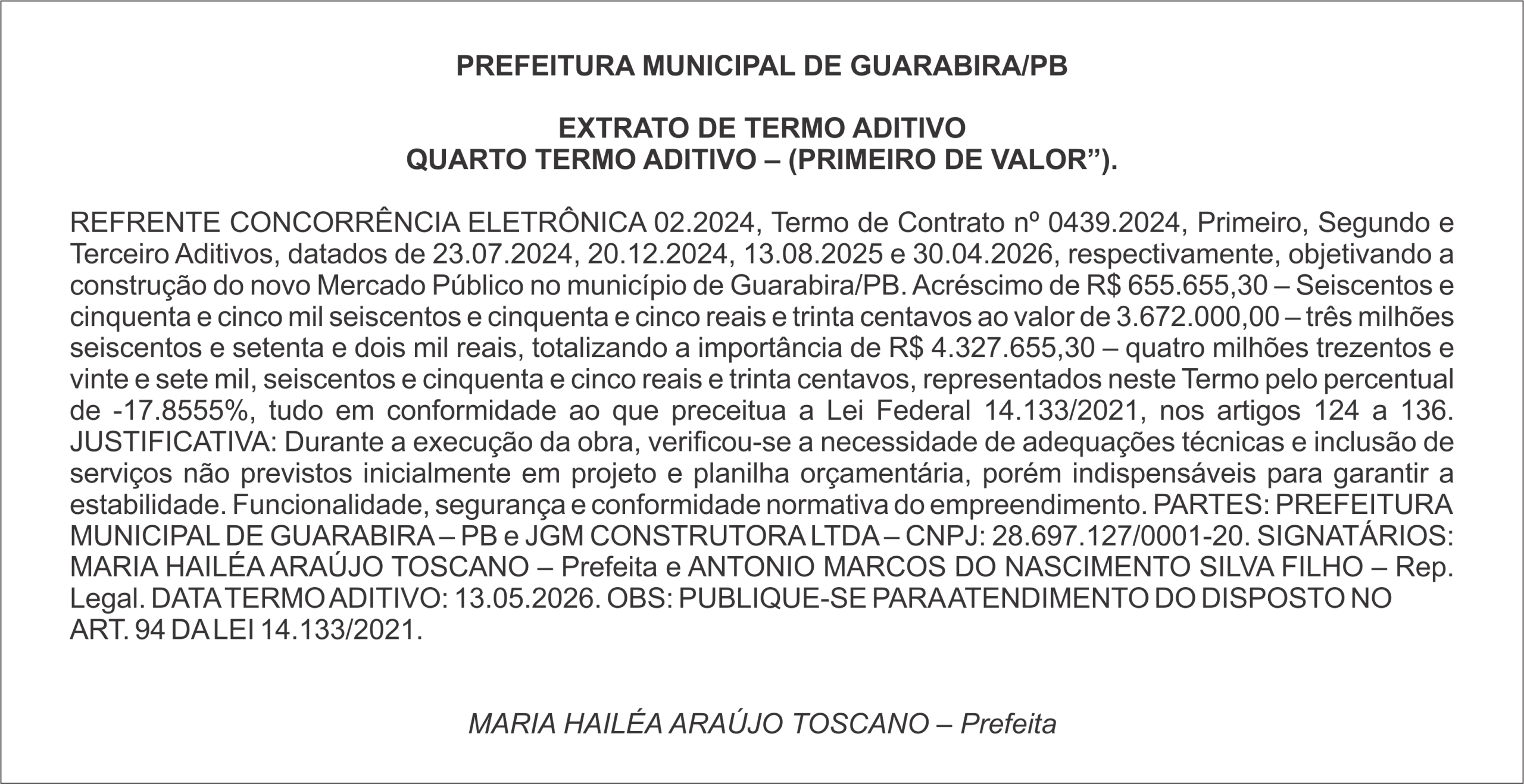 PREFEITURA MUNICIPAL DE GUARABIRA/PB EXTRATO DE TERMO ADITIVO