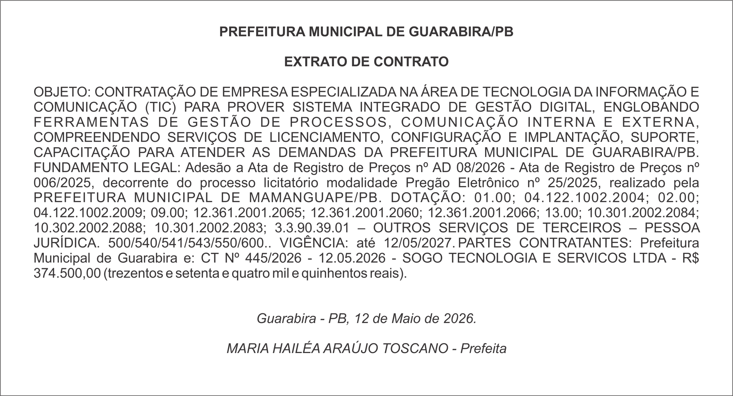 PREFEITURA MUNICIPAL DE GUARABIRA/PB – EXTRATO DE CONTRATO