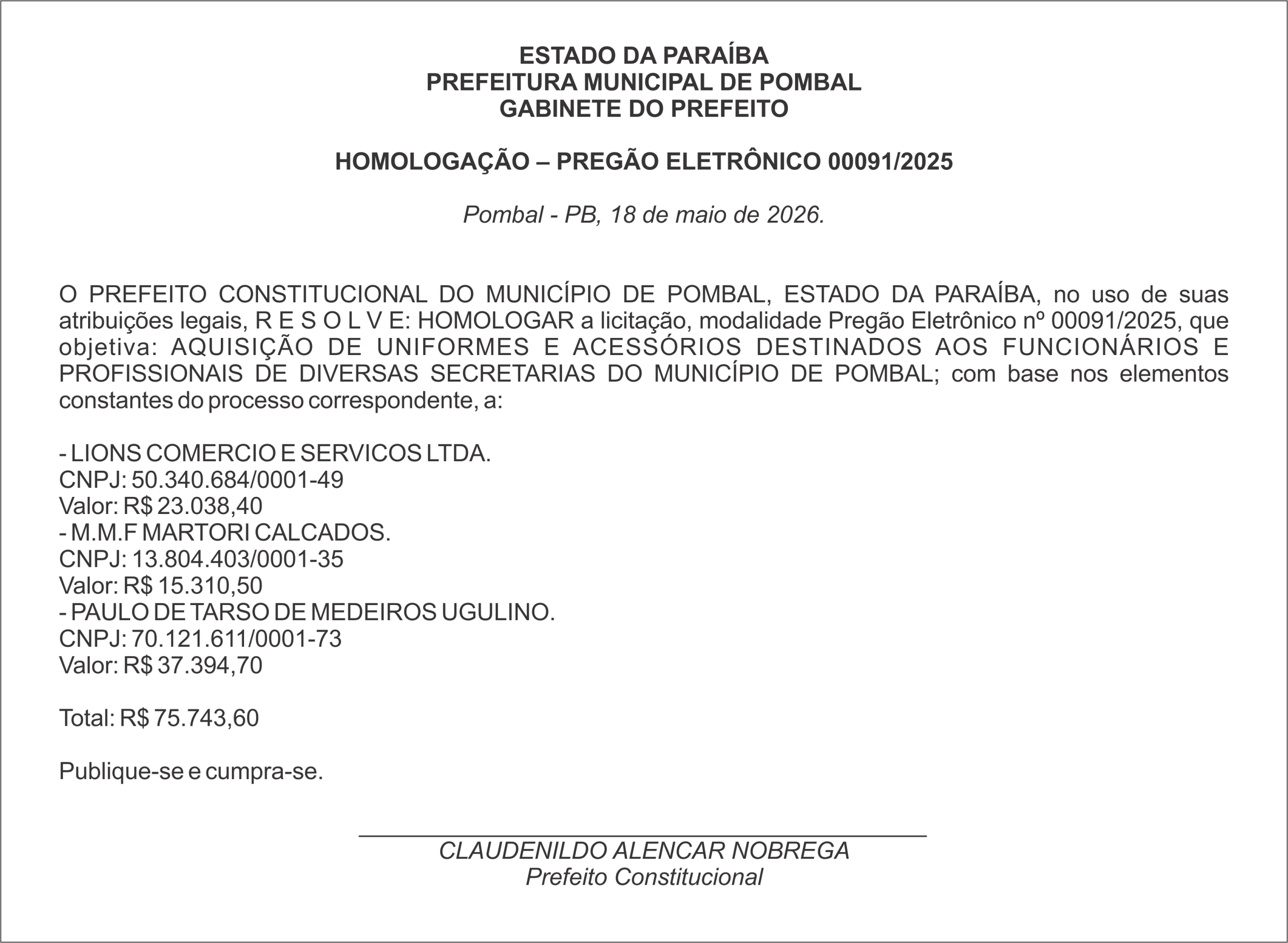 PREFEITURA MUNICIPAL DE POMBAL – HOMOLOGAÇÃO – PREGÃO ELETRÔNICO 00091/2025