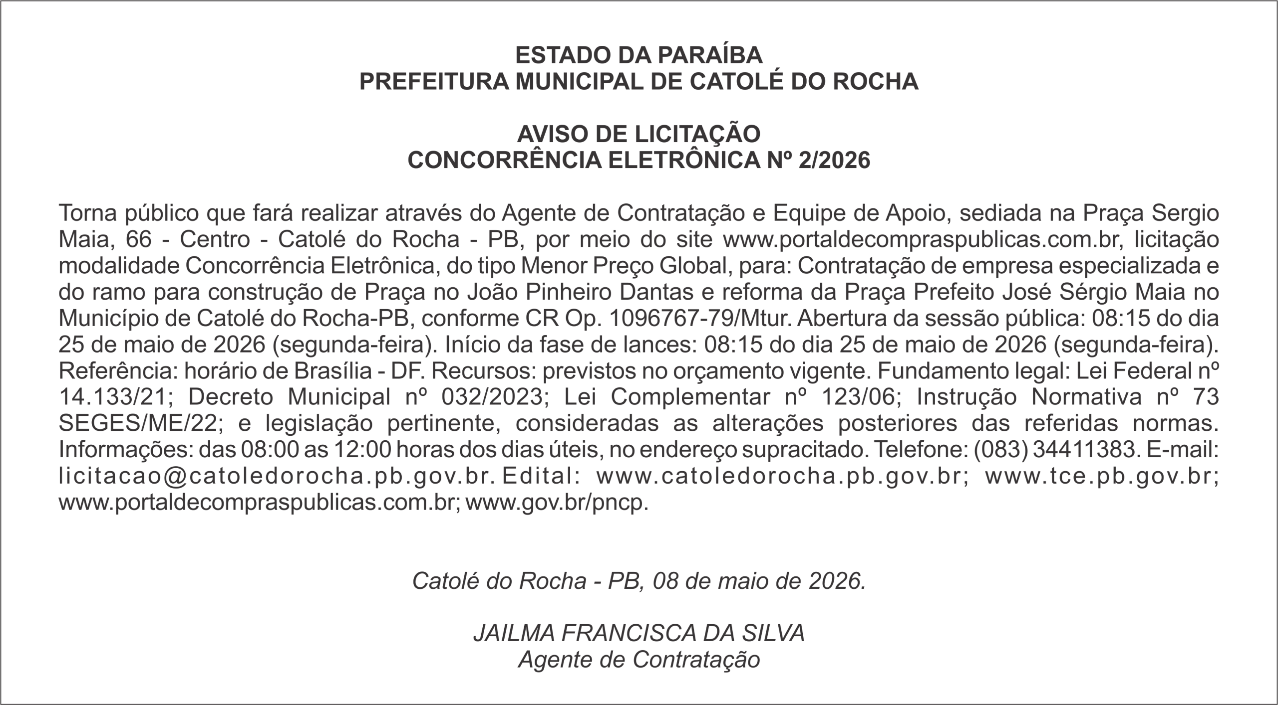 PREFEITURA MUNICIPAL DE CATOLÉ DO ROCHA  – AVISO DE LICITAÇÃO CONCORRÊNCIA ELETRÔNICA Nº 2/2026